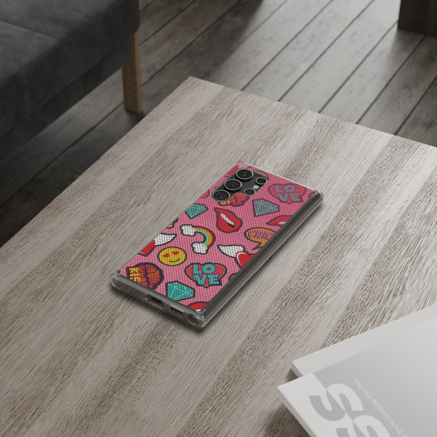 Clear Impact-Resistant Phone Case — Pink Pop Sticker Pattern (Hearts, Rainbows, Smileys)