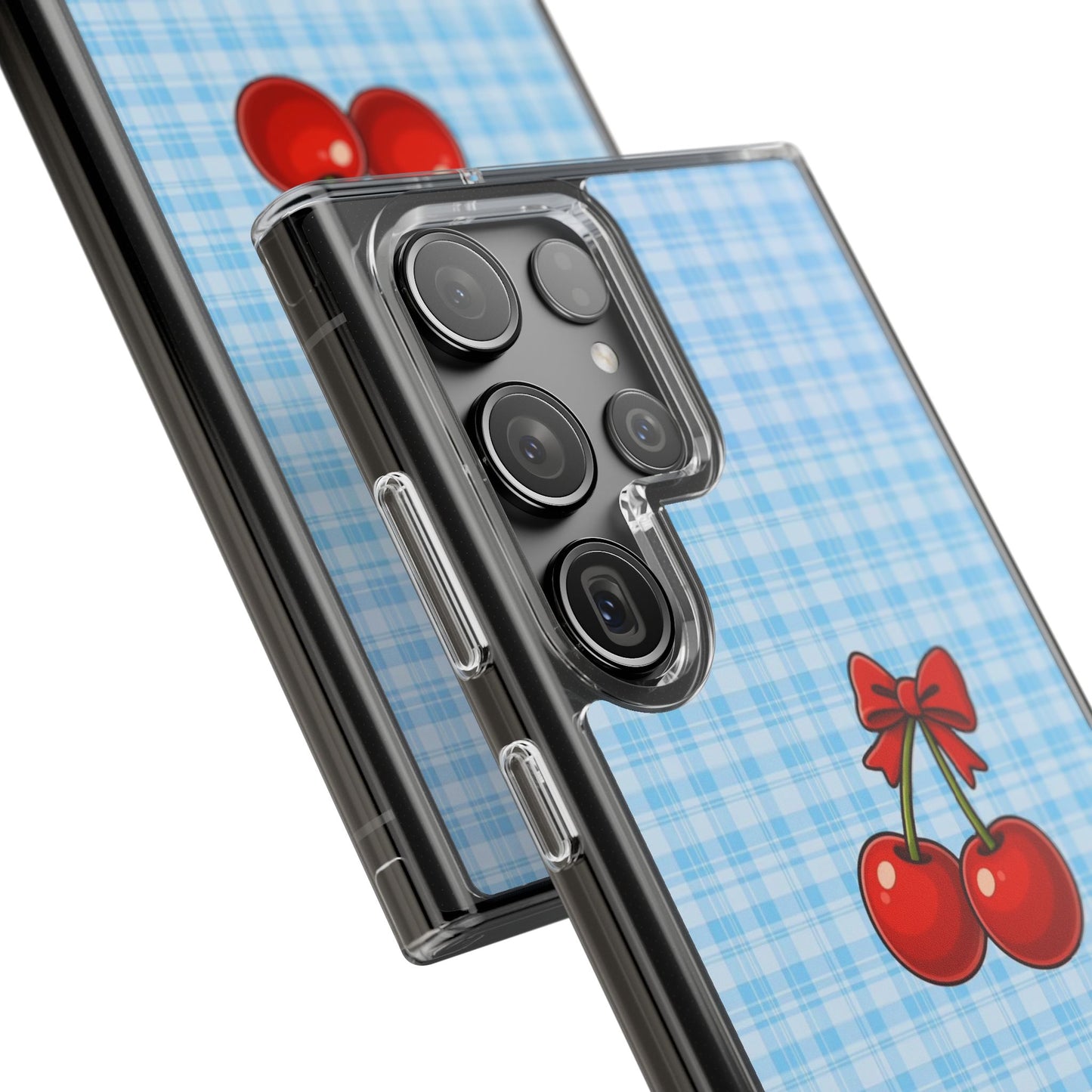Clear Cherry Gingham Phone Case — Impact-Resistant Clear Case with Red Cherry Design