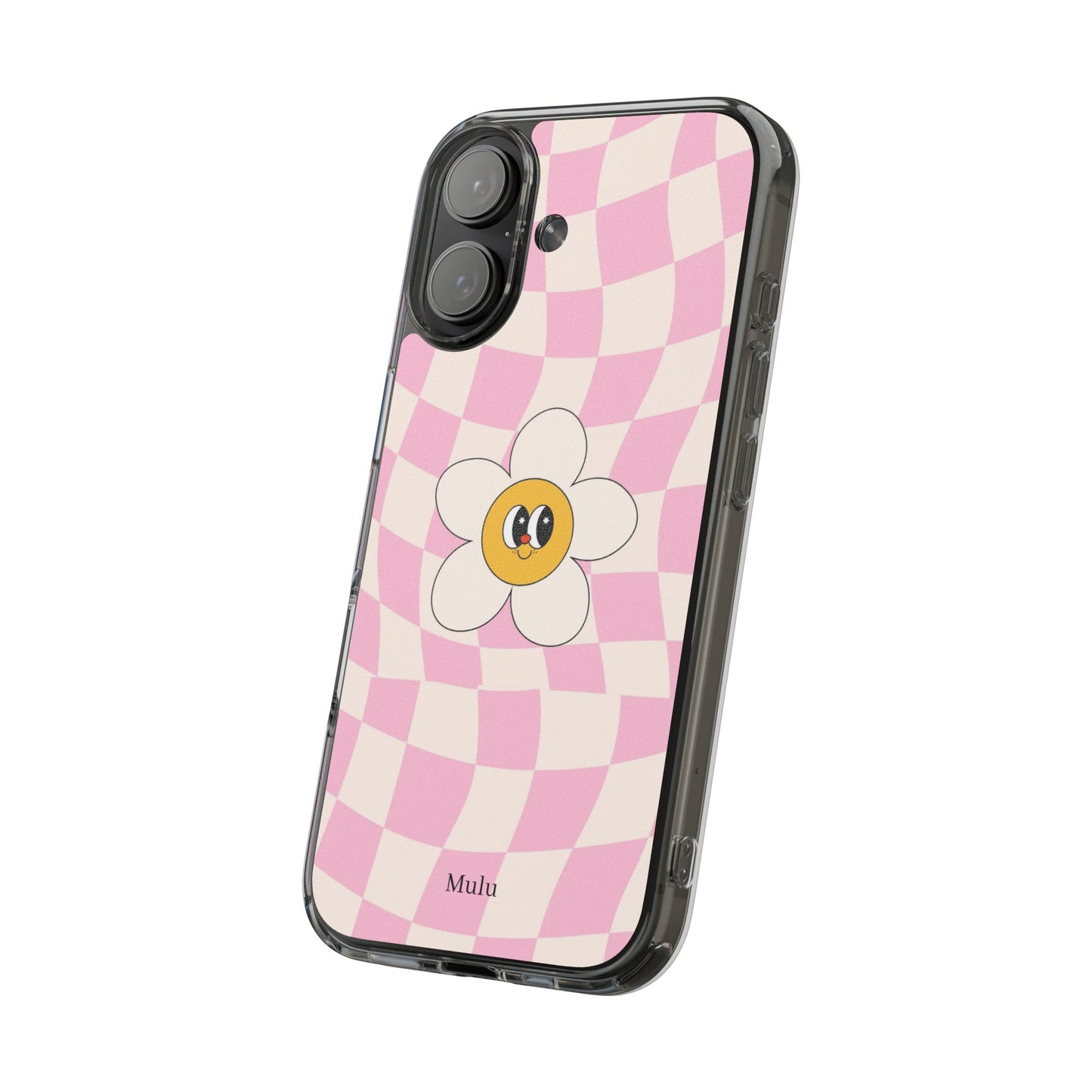 Clear Impact-Resistant Phone Case — Pink Checkerboard Daisy Design