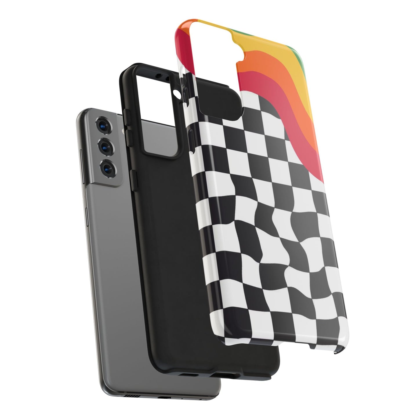 Retro Wavy Checkerboard Tough Phone Case — Rainbow Surf Skate Design
