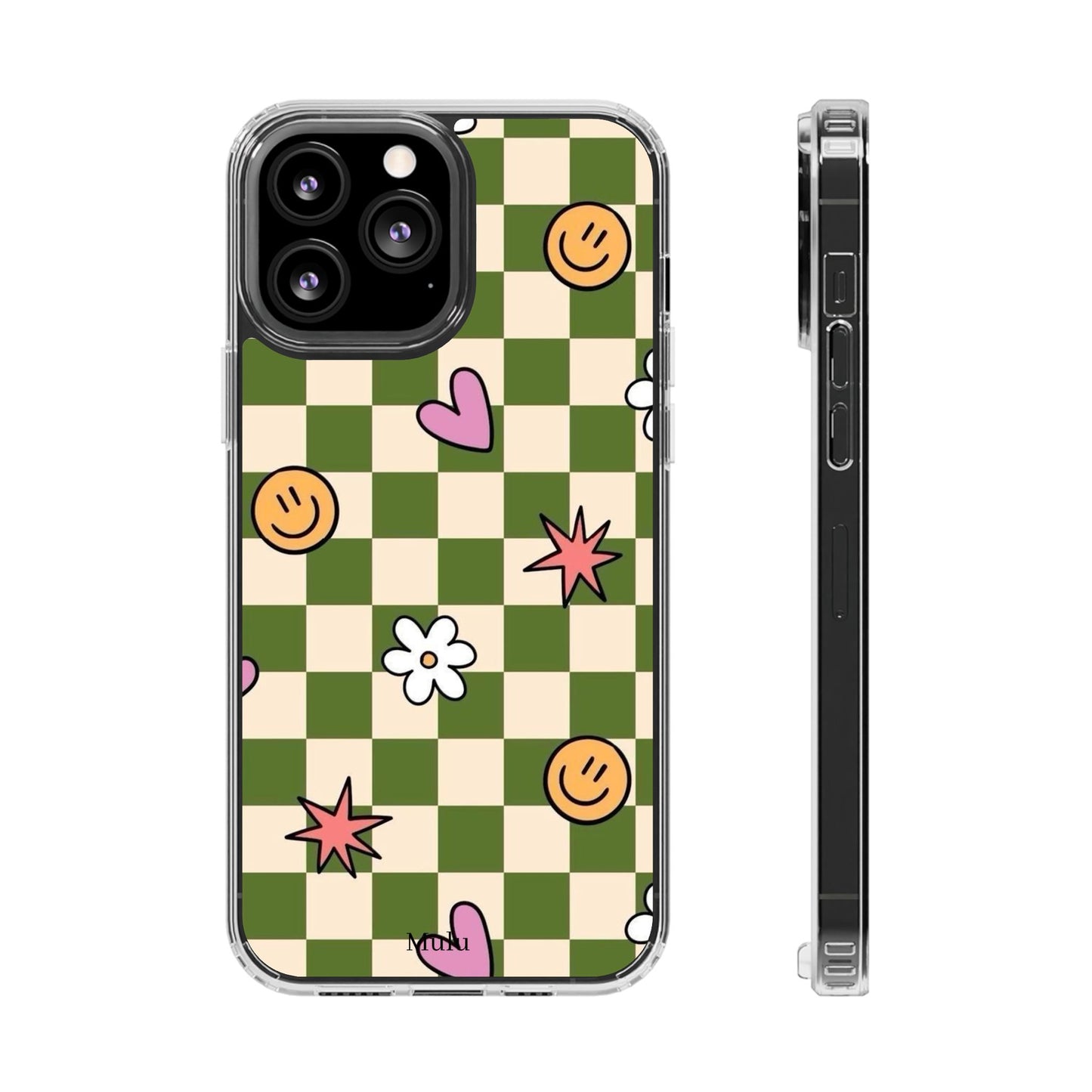 Clear Impact-Resistant Case — Retro Green Checkerboard with Smiley, Hearts & Flowers
