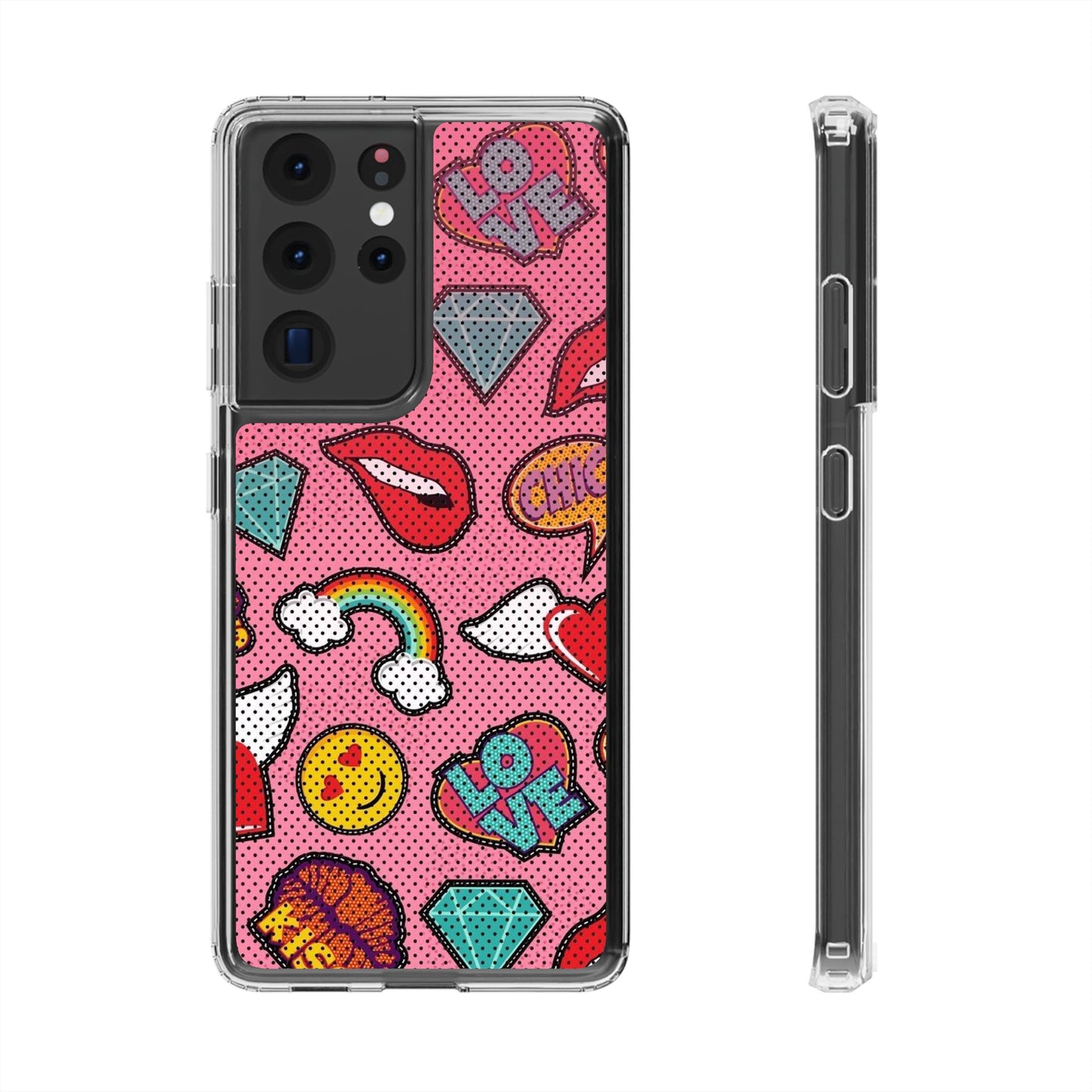 Clear Impact-Resistant Phone Case — Pink Pop Sticker Pattern (Hearts, Rainbows, Smileys)