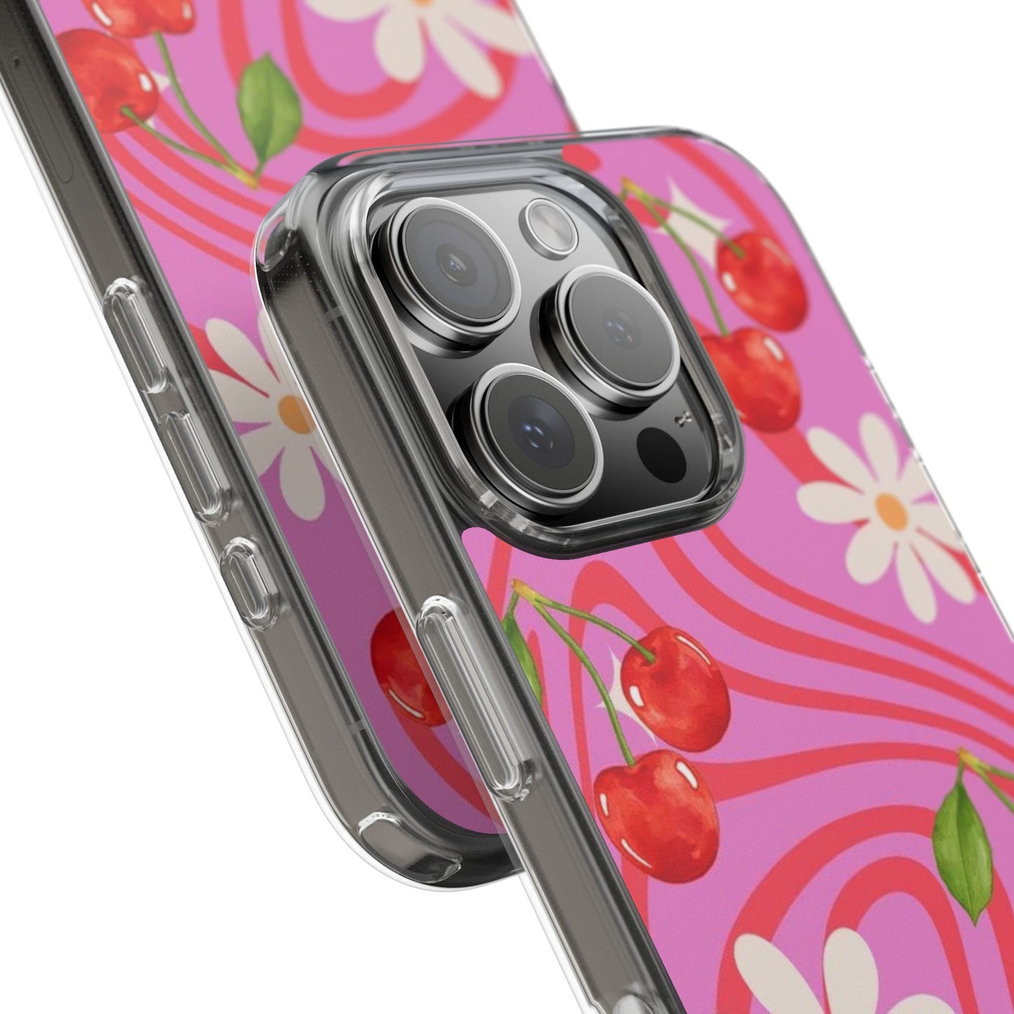 Clear Impact Phone Case — Retro Cherry & Daisy Floral Design