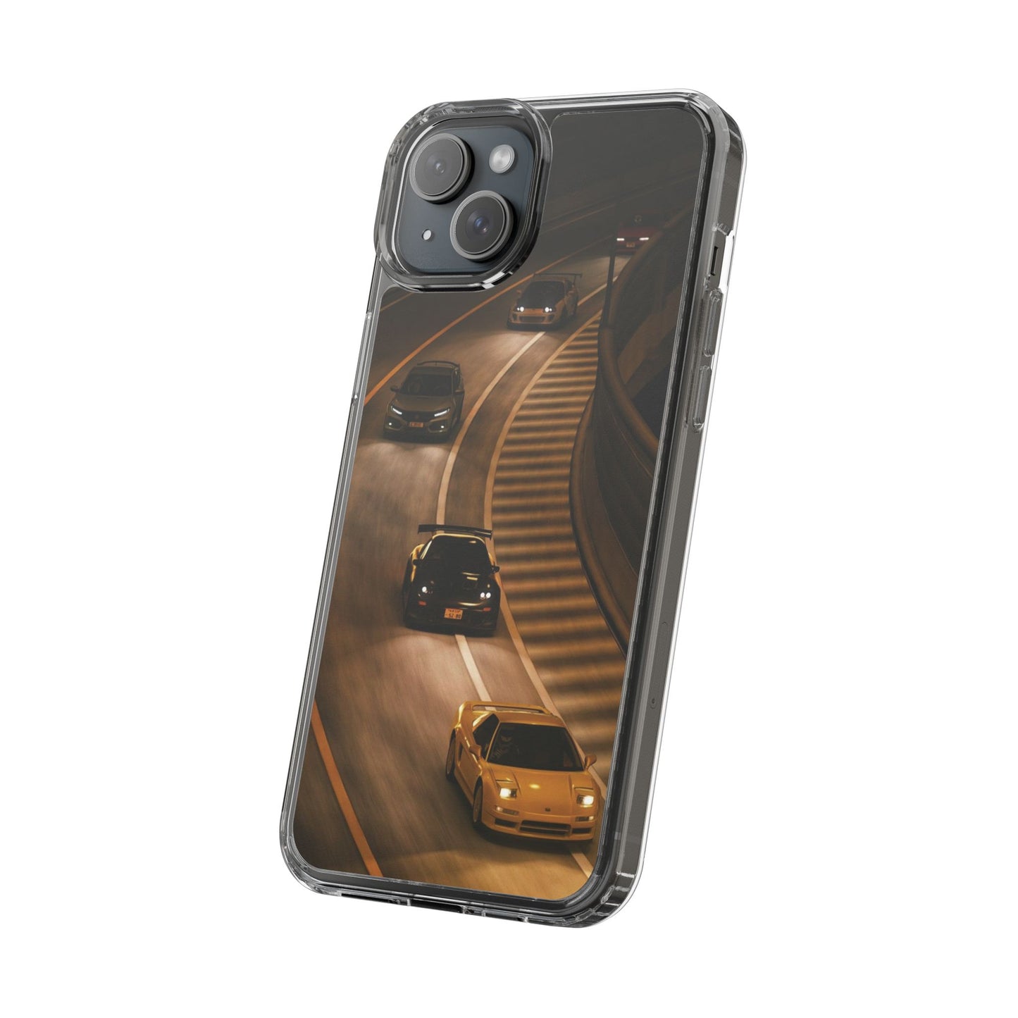 Racing Night Clear Phone Case – Sports Cars on Curved Highway