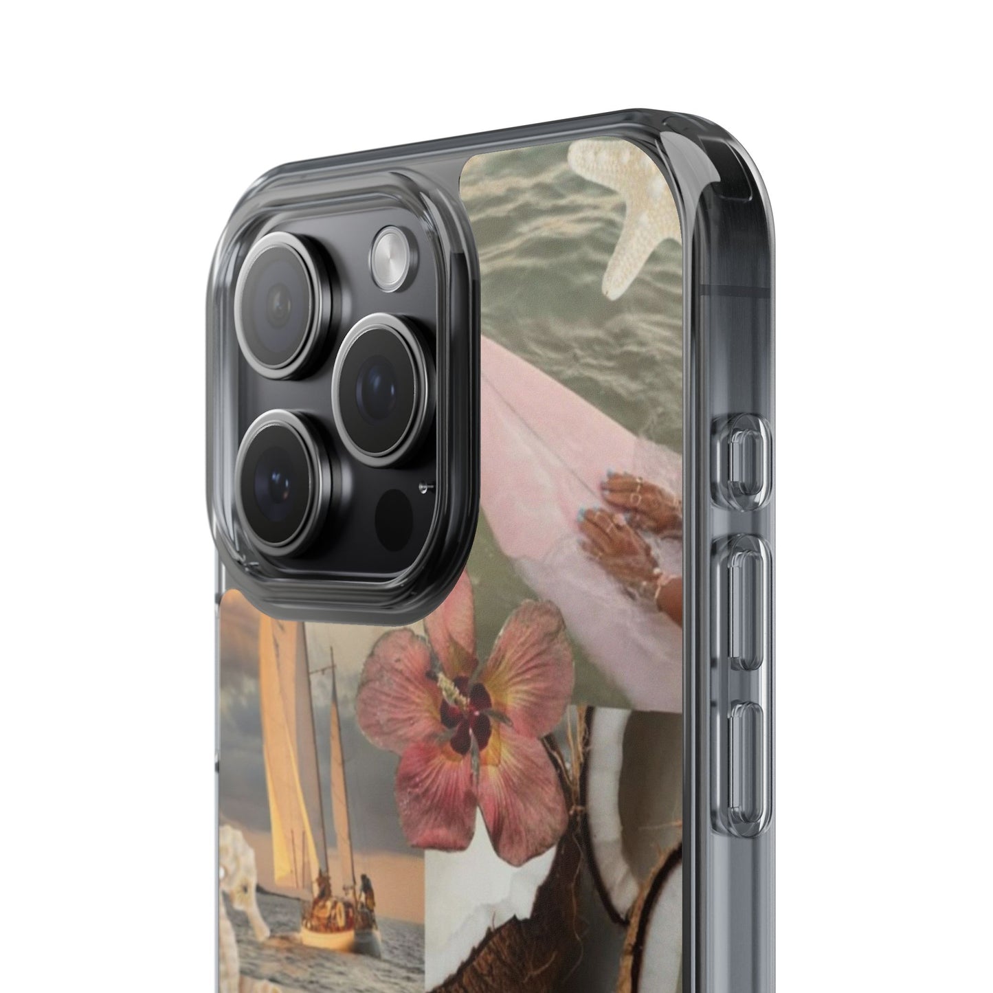 Clear Phone Case — Coastal Collage Shells & Surf Design