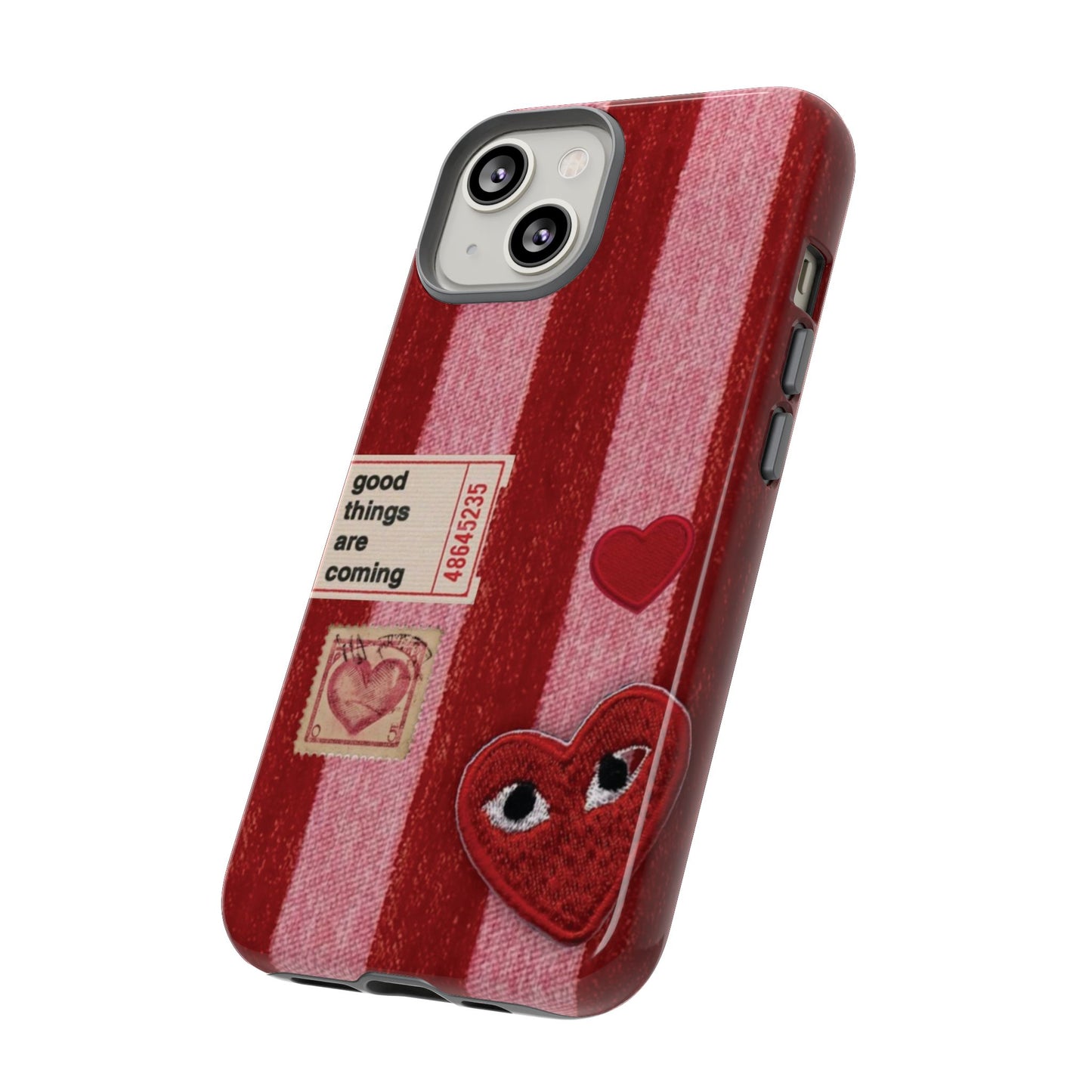 Phone Case — Red Striped Heart Design with “Good Things Are Coming”