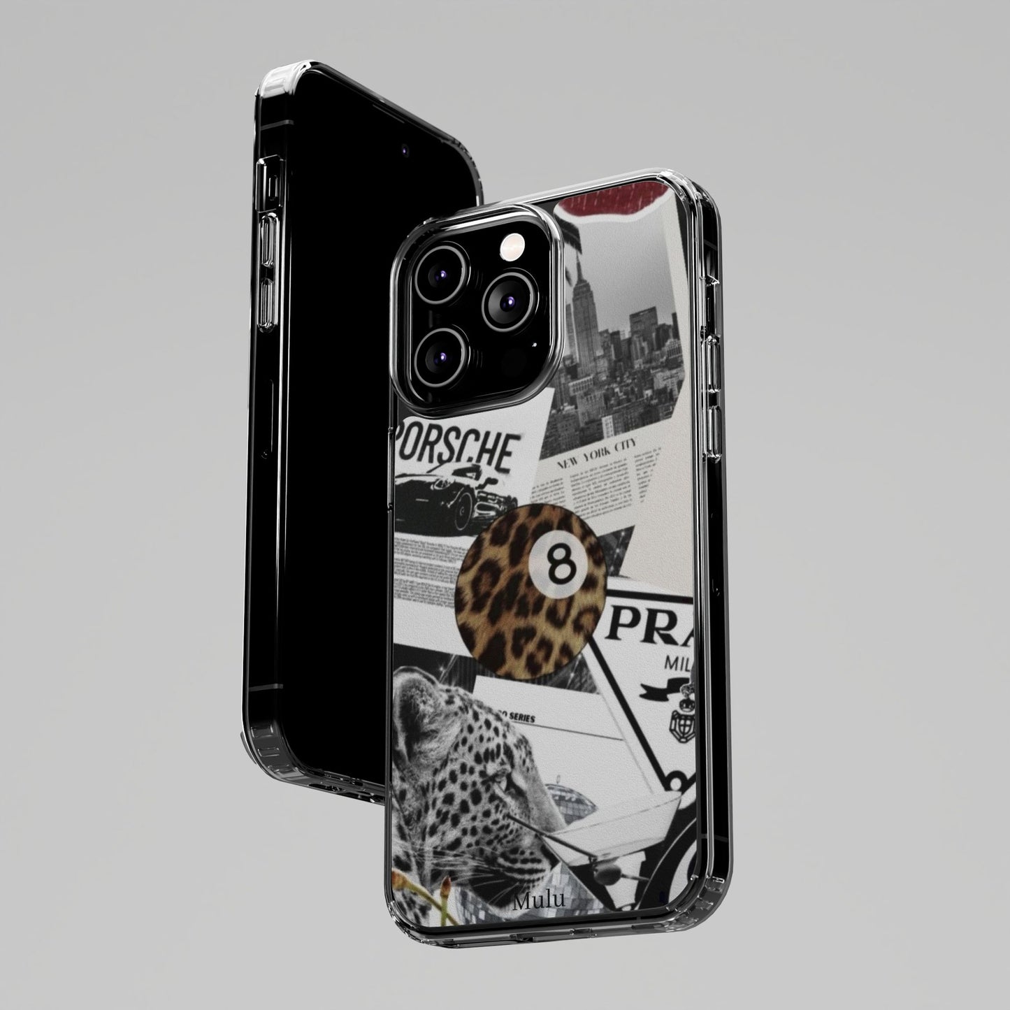 Clear Impact-Resistant Phone Case — Collage Luxury Leopard & Vintage Car Design