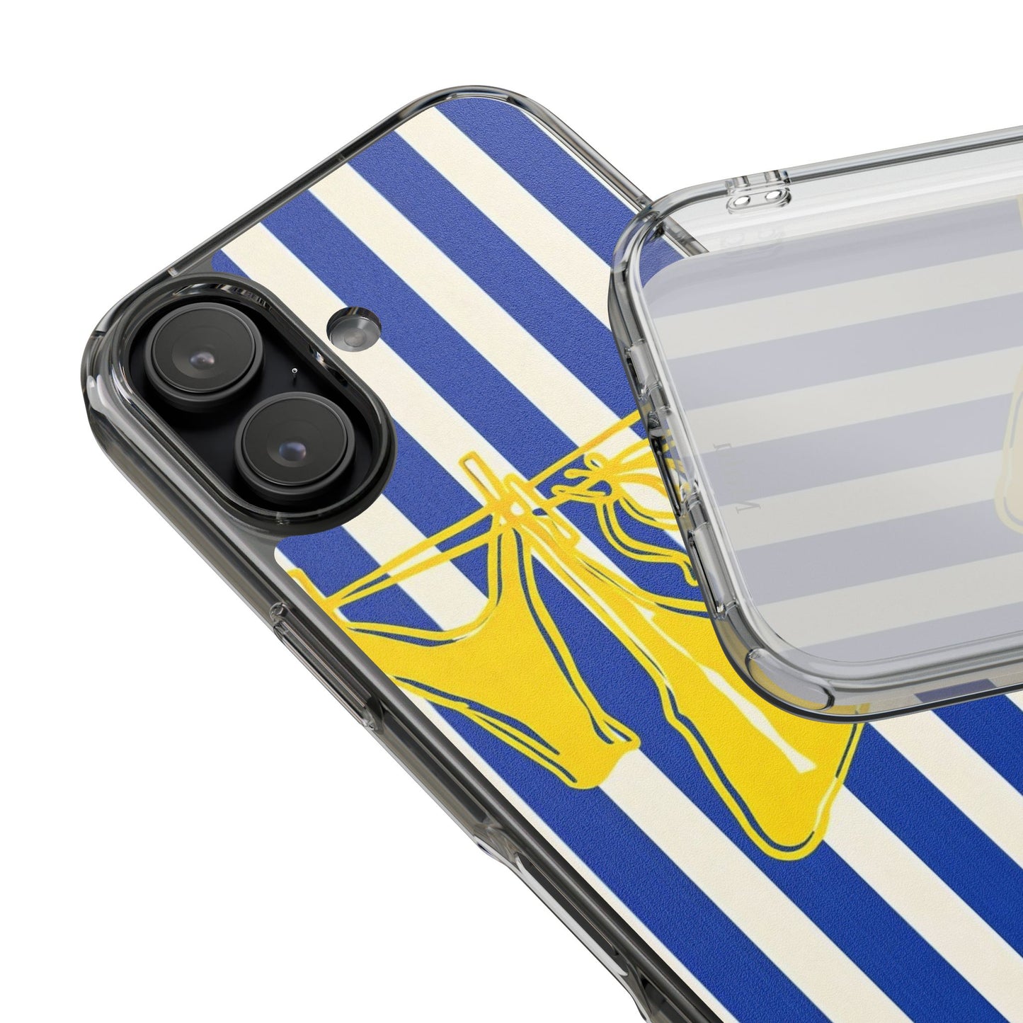 Striped Beach Bikini Phone Case — Yellow Swimwear on Blue & White Stripes, Clear Impact-Resistant