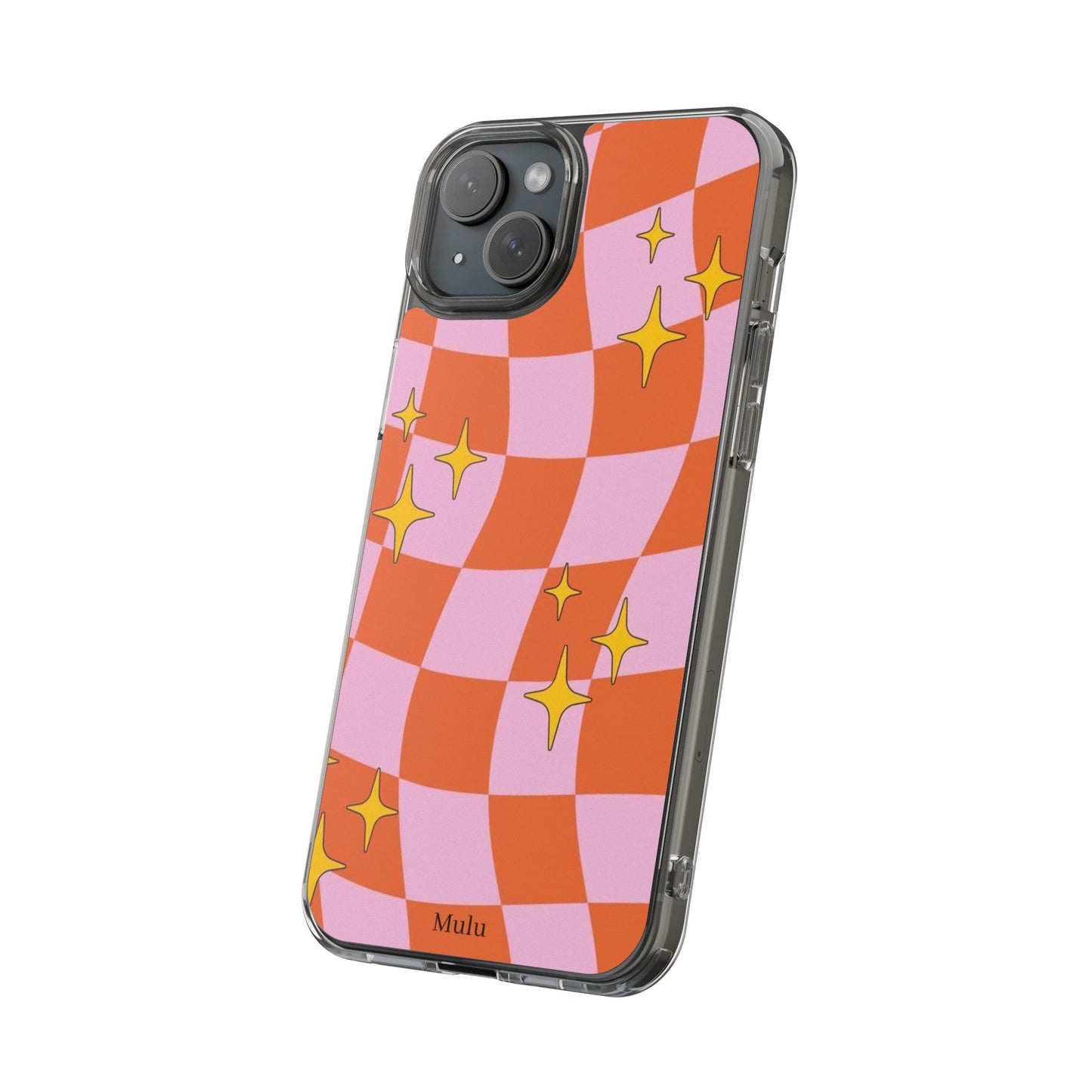 Clear Impact-Resistant Case — Retro Pink & Orange Checker with Sparkle Stars