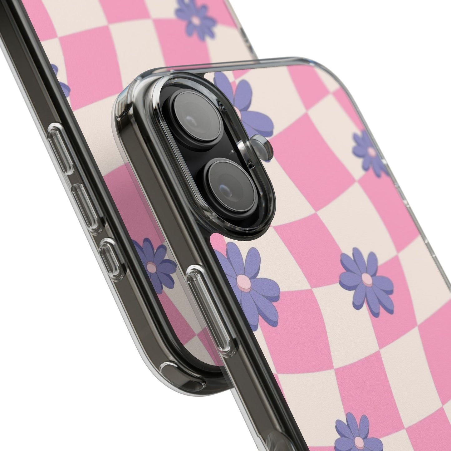 Clear Impact Phone Case — Pink Checkerboard with Purple Flowers