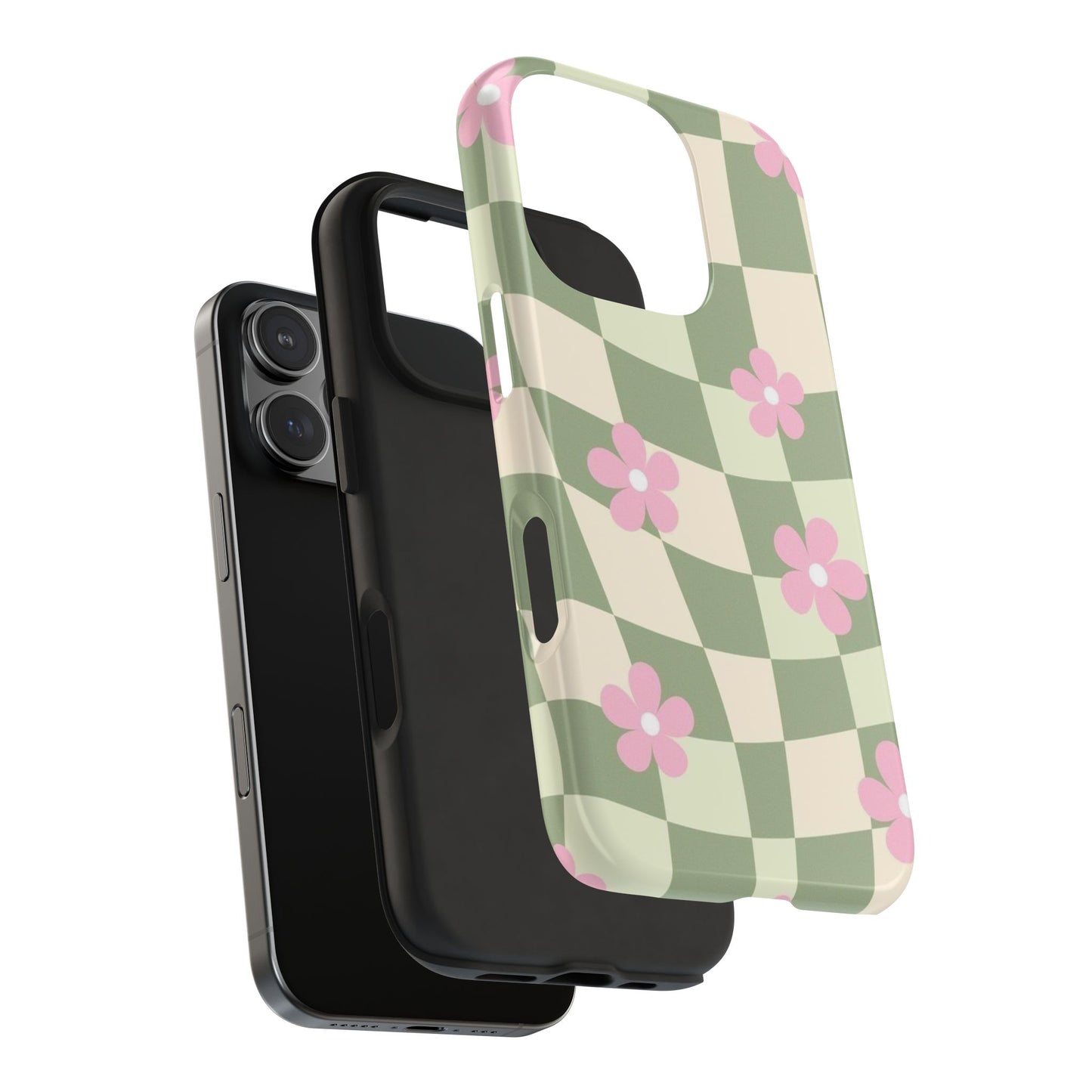 Tough Phone Case — Retro Green Checkerboard with Pink Flowers