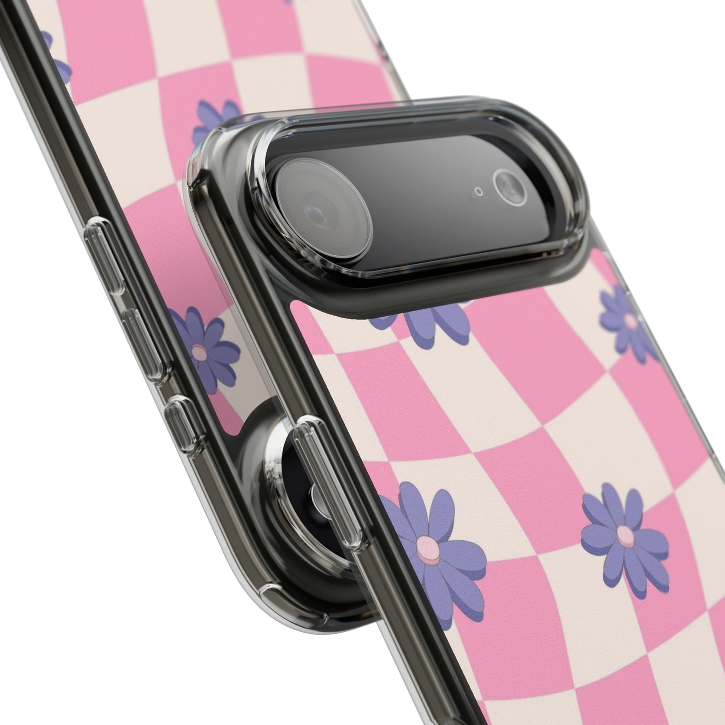 Clear Impact Phone Case — Pink Checkerboard with Purple Flowers
