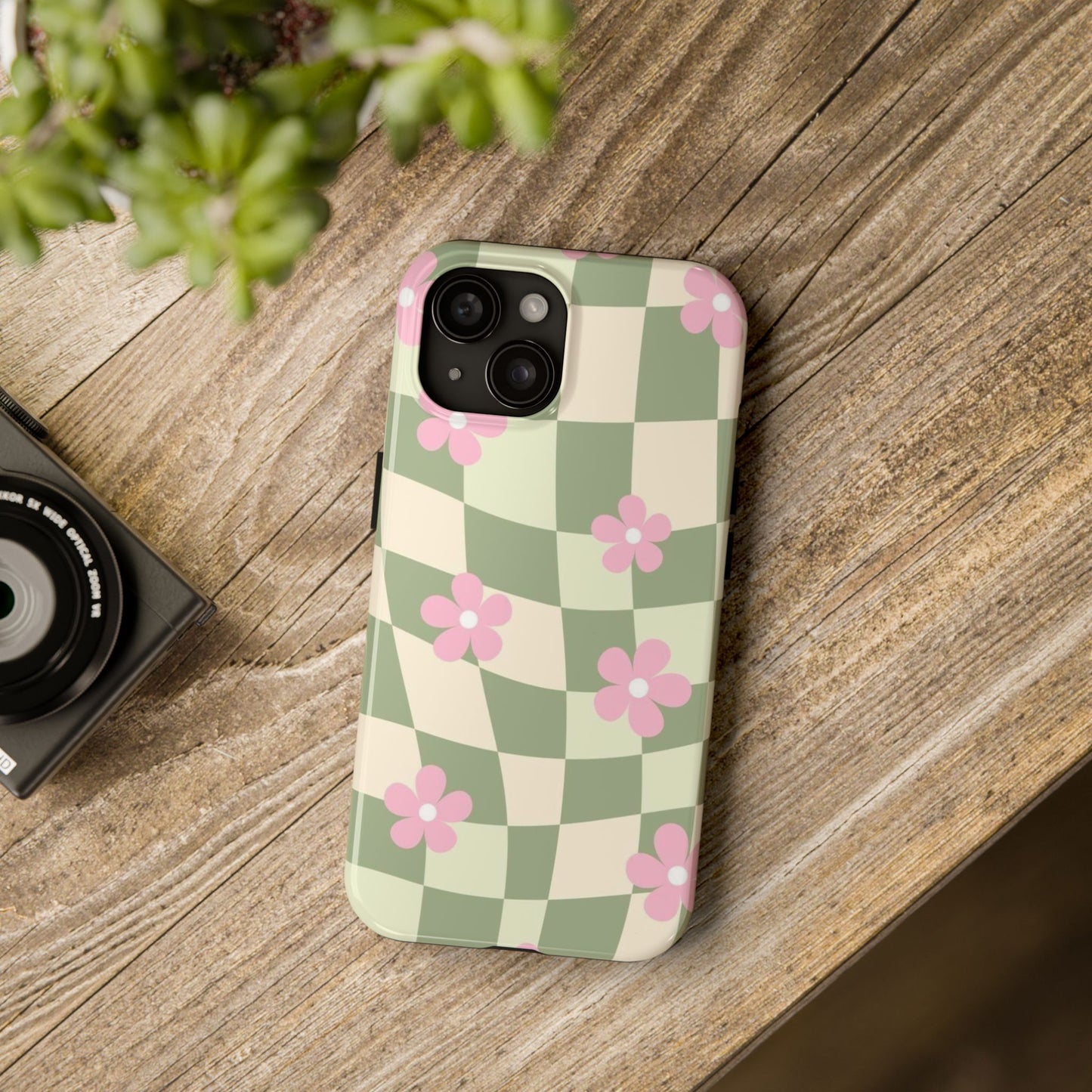 Tough Phone Case — Retro Green Checkerboard with Pink Flowers