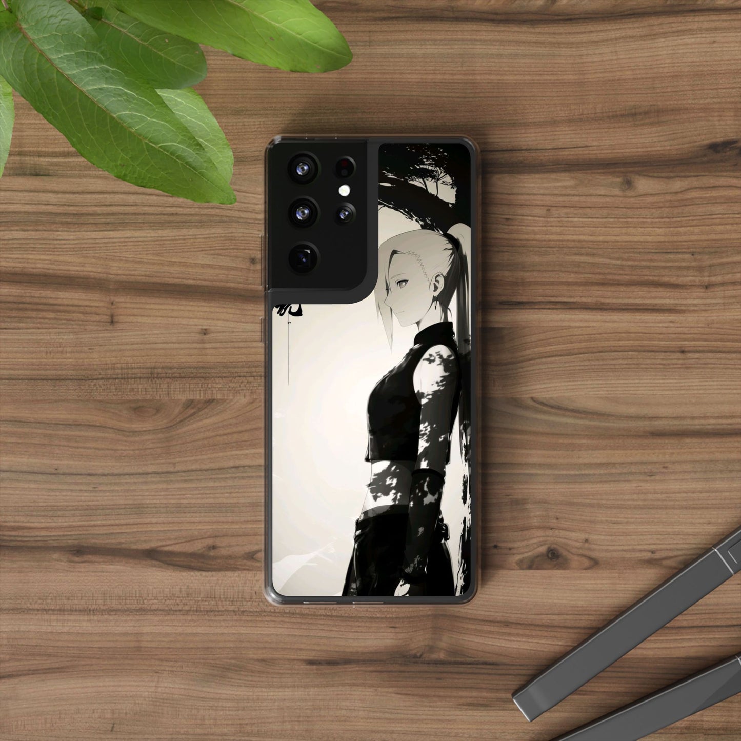 Anime Samurai Clear Phone Case — Monochrome Sumi-E Style