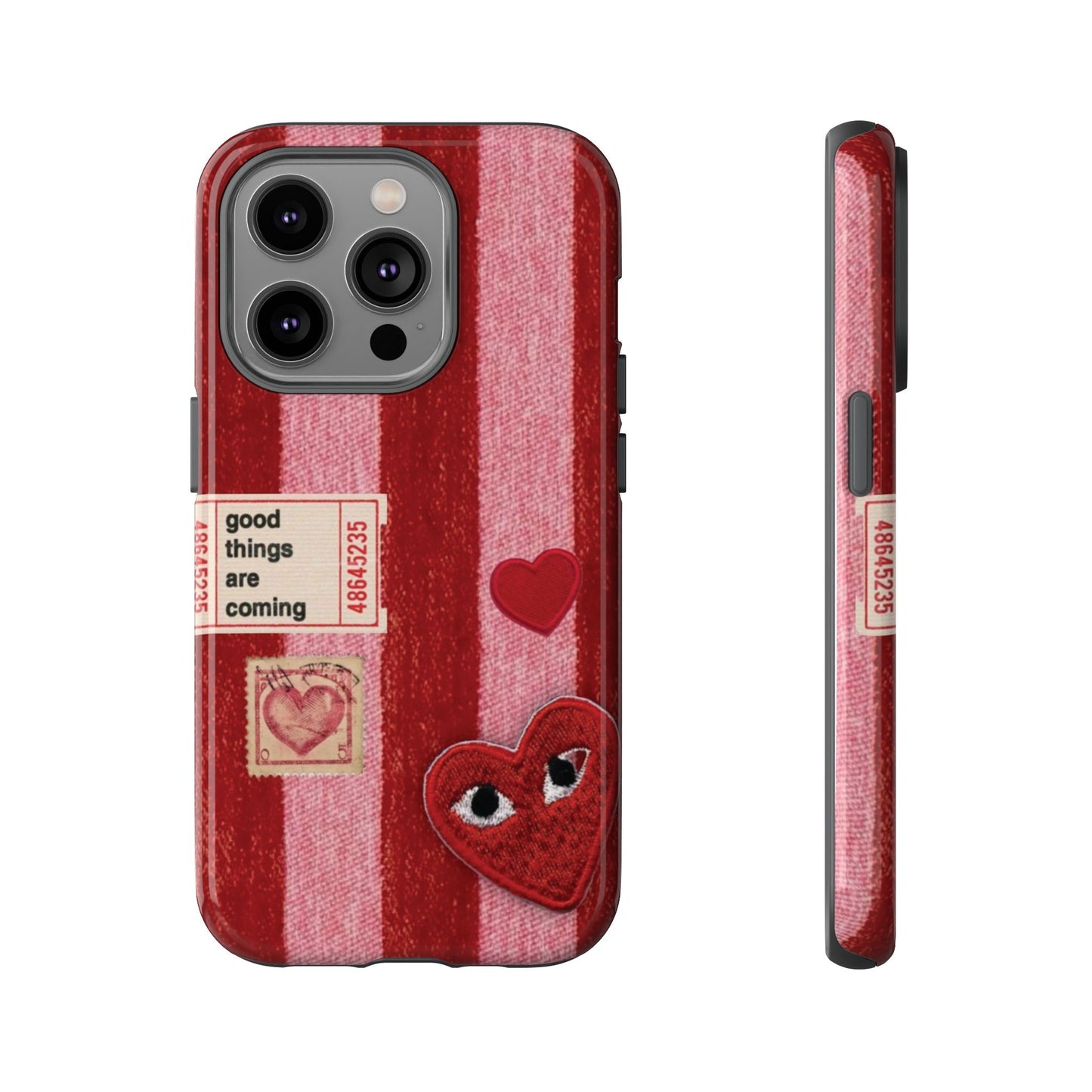 Phone Case — Red Striped Heart Design with “Good Things Are Coming”