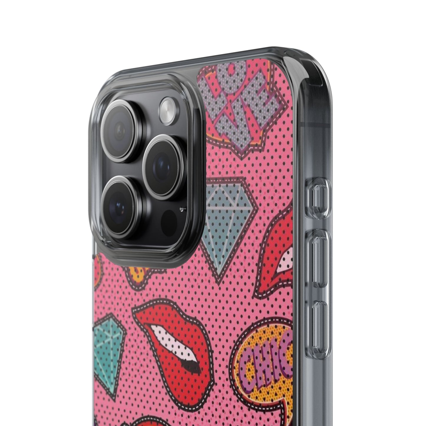 Clear Impact-Resistant Phone Case — Pink Pop Sticker Pattern (Hearts, Rainbows, Smileys)