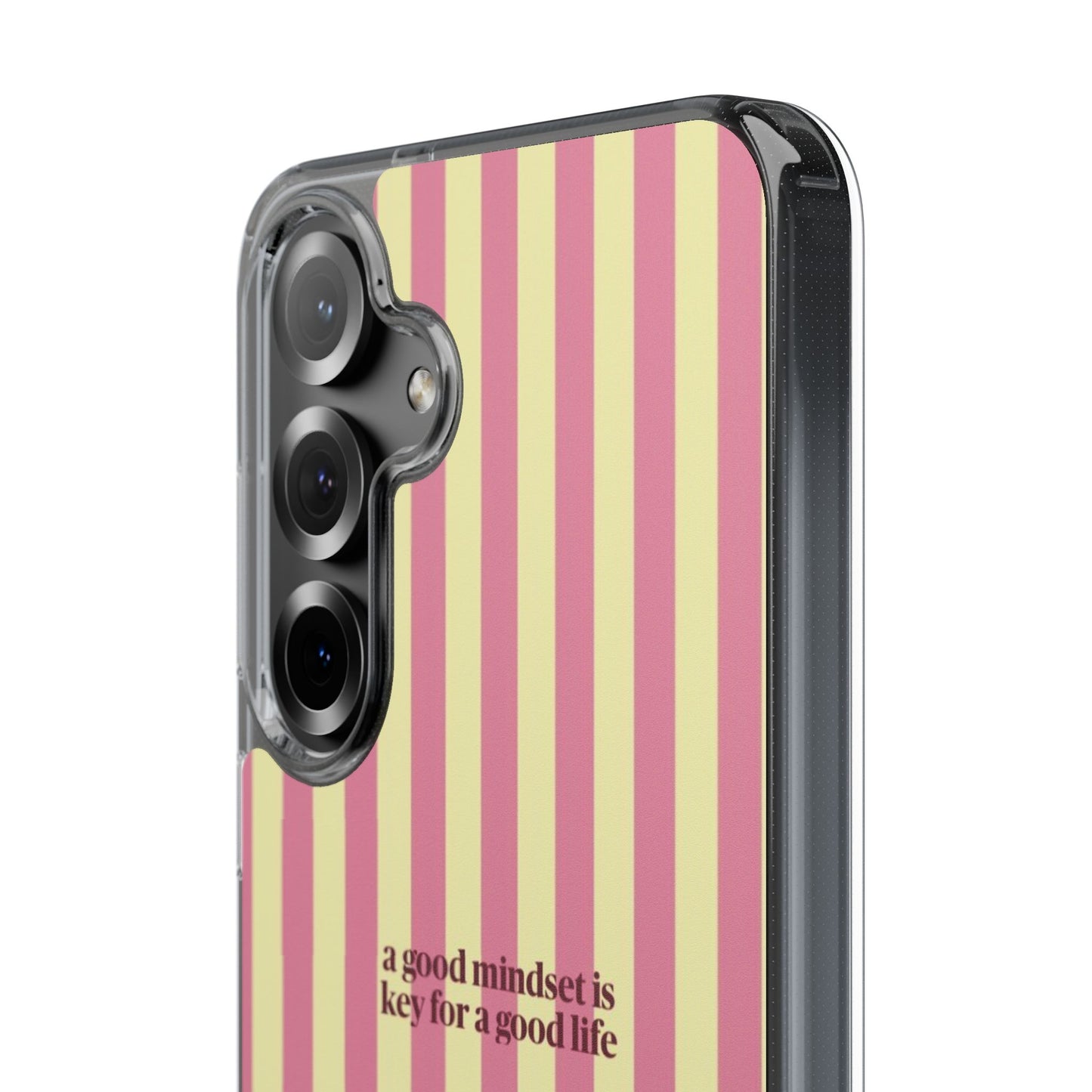 Striped Clear Phone Case — "A Good Mindset Is Key for a Good Life" Motivational iPhone Case