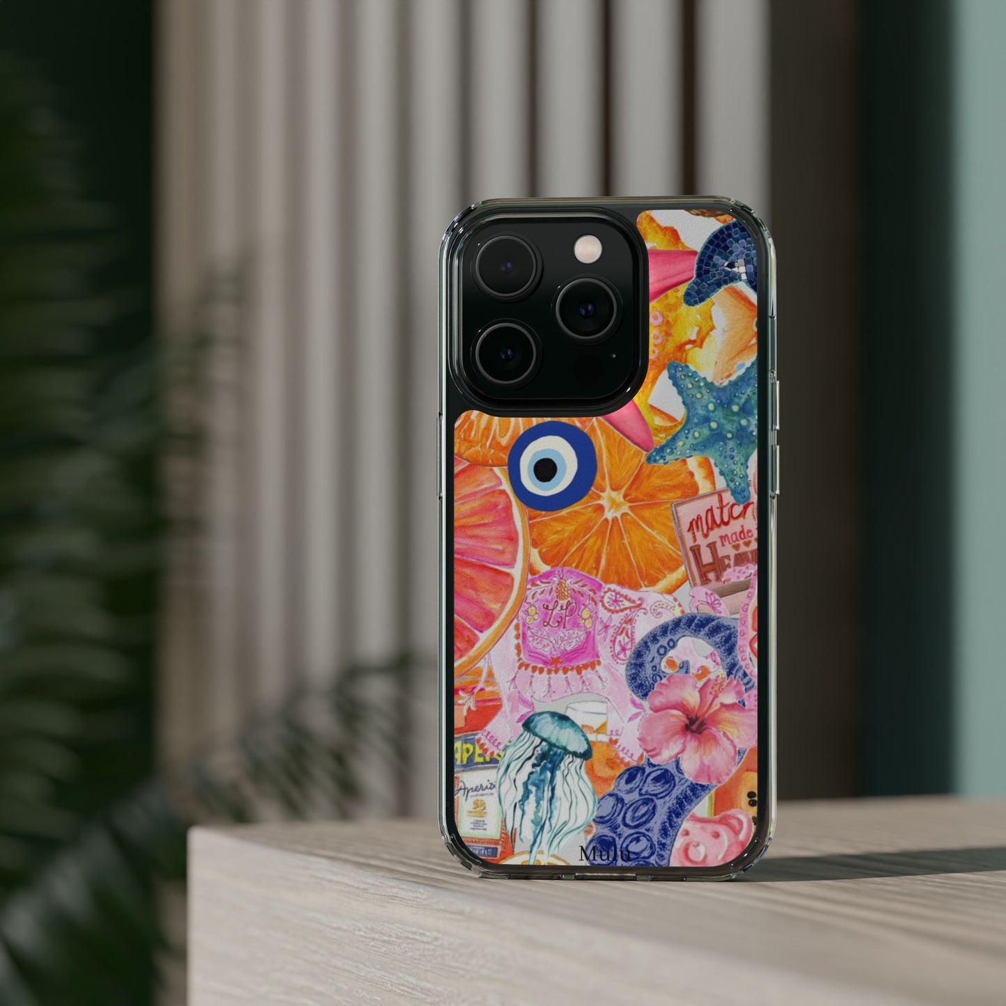 Clear Impact-Resistant Phone Case — Colorful Tropical Collage Design