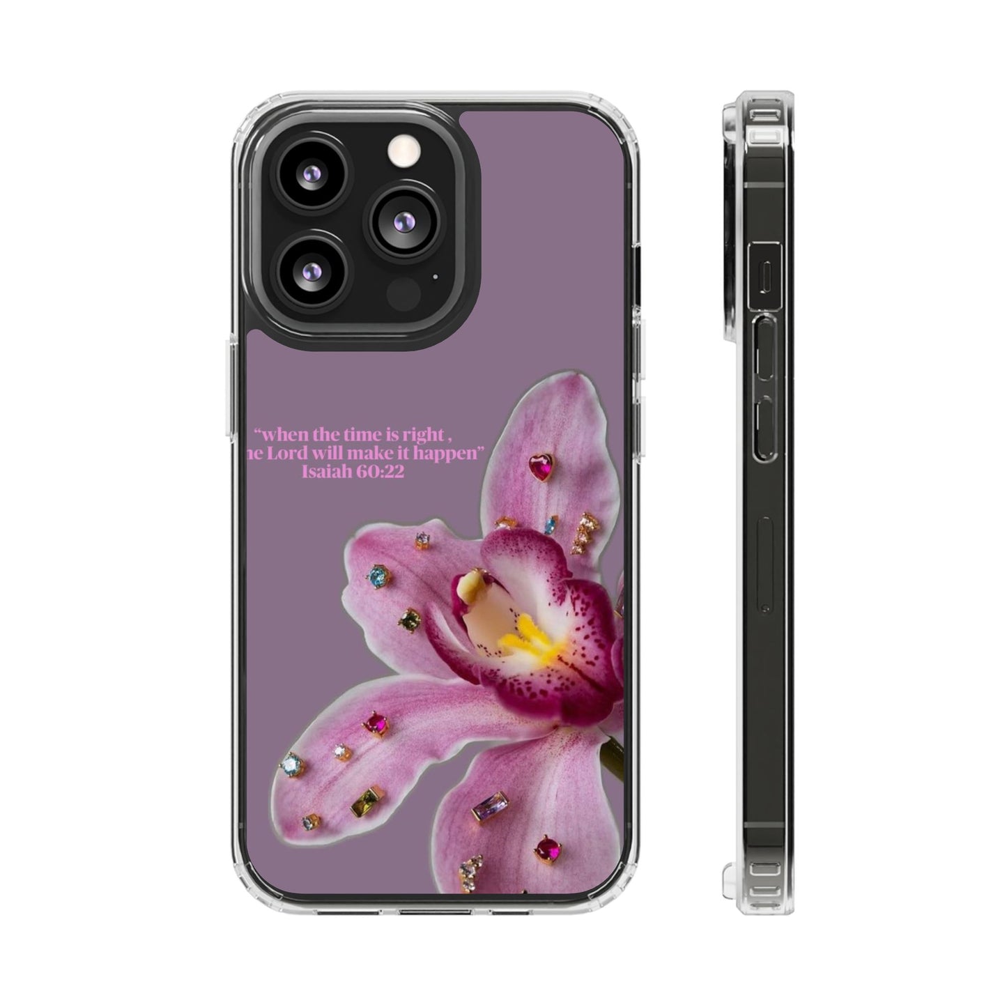 Clear Floral Impact-Resistant Phone Case — "When the time is right" Rose Orchid Design