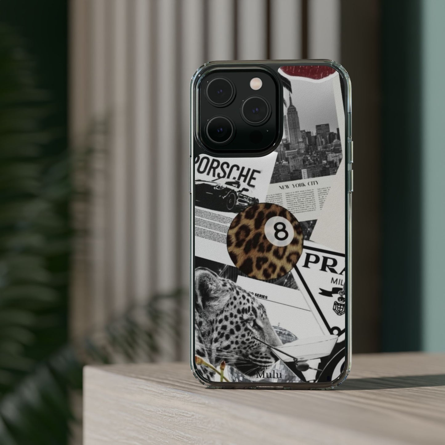 Clear Impact-Resistant Phone Case — Collage Luxury Leopard & Vintage Car Design