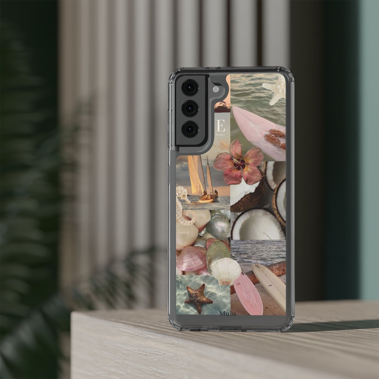 Clear Phone Case — Coastal Collage Shells & Surf Design