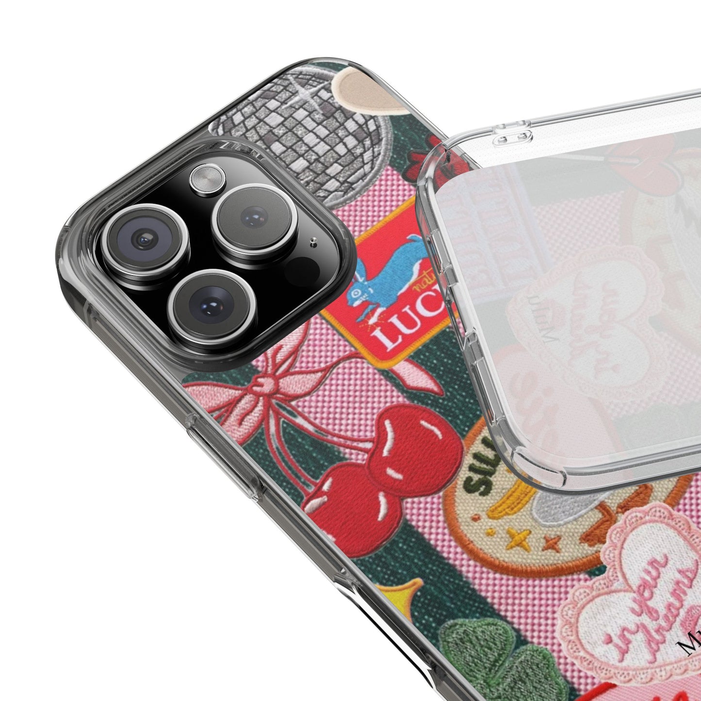 Clear Impact-Resistant Phone Case — Retro Patchwork Stickers (Lucky, Cherries, Silly Goose)