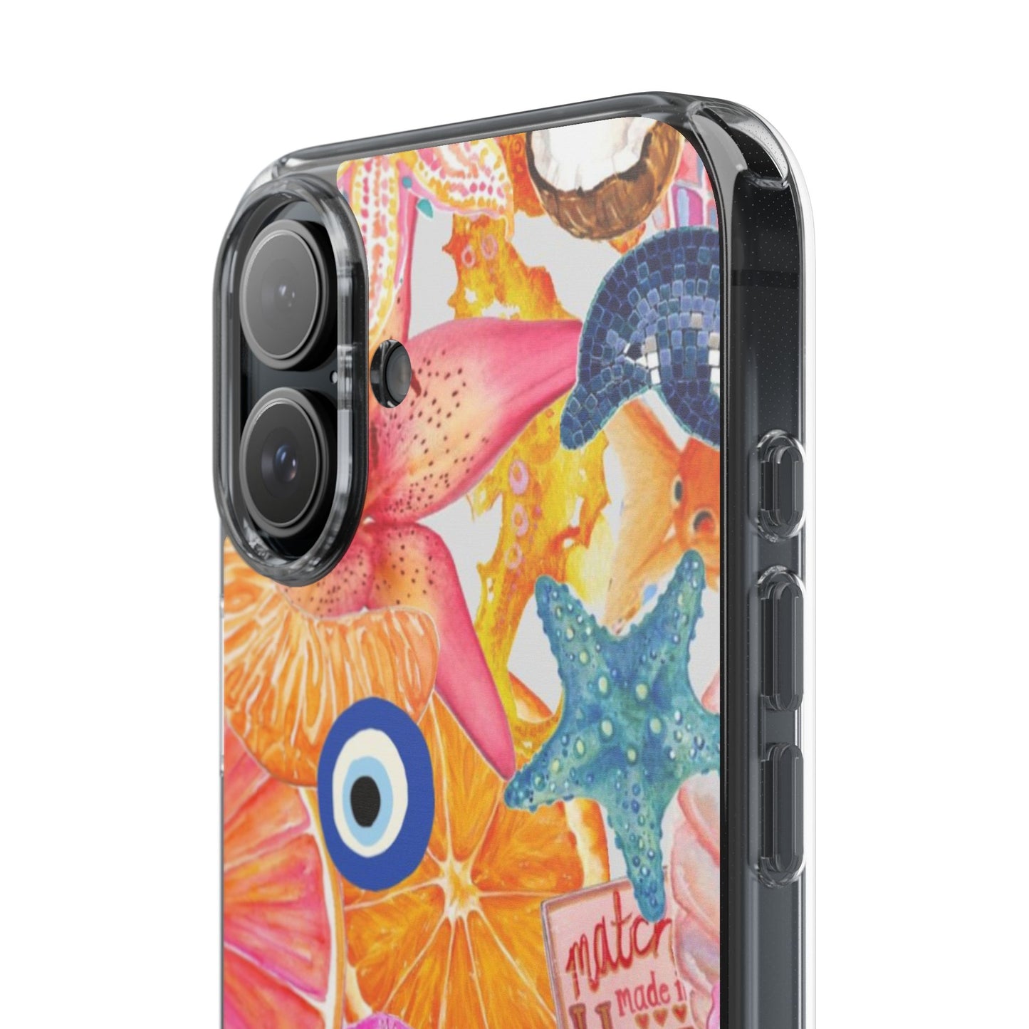 Clear Impact-Resistant Phone Case — Colorful Tropical Collage Design