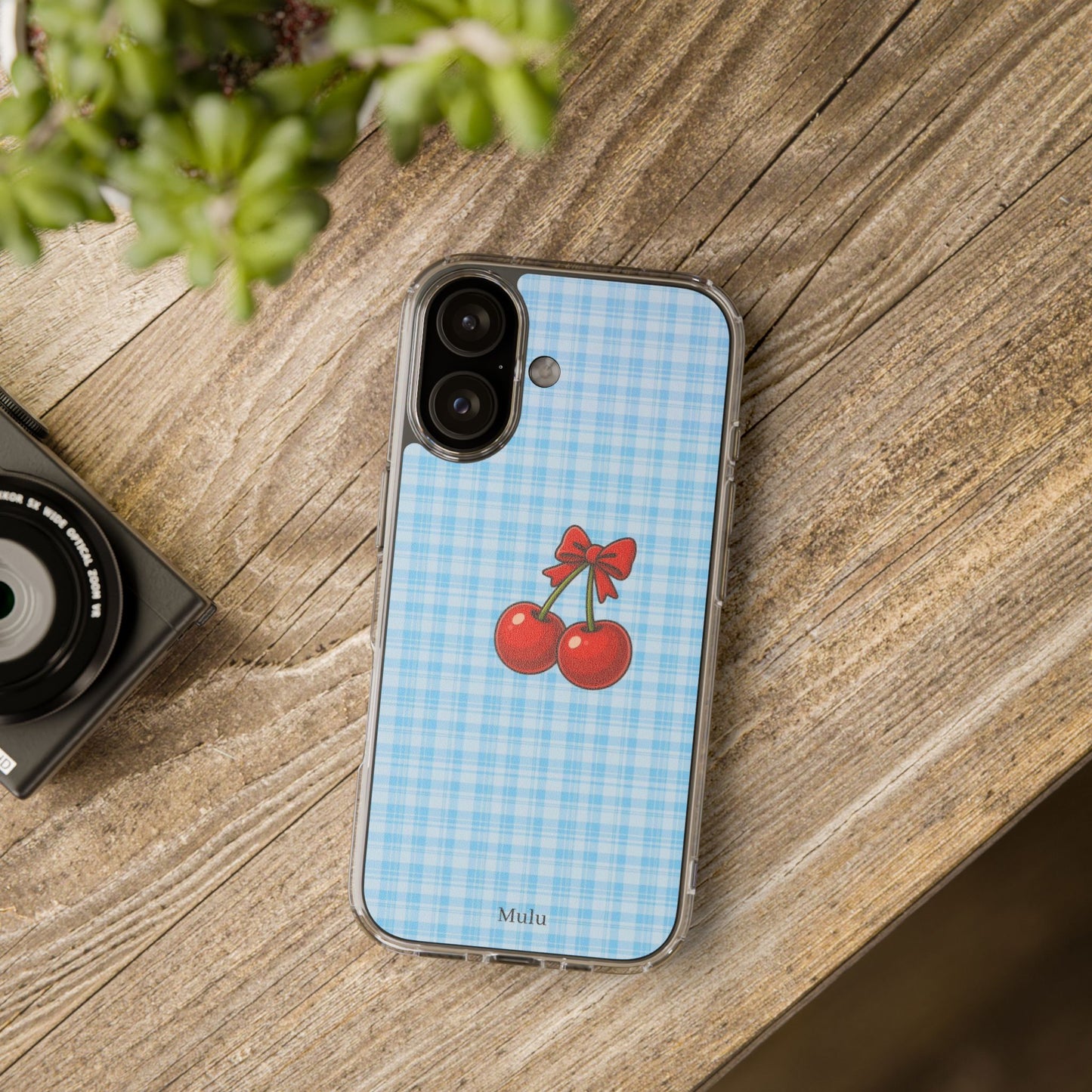 Clear Cherry Gingham Phone Case — Impact-Resistant Clear Case with Red Cherry Design