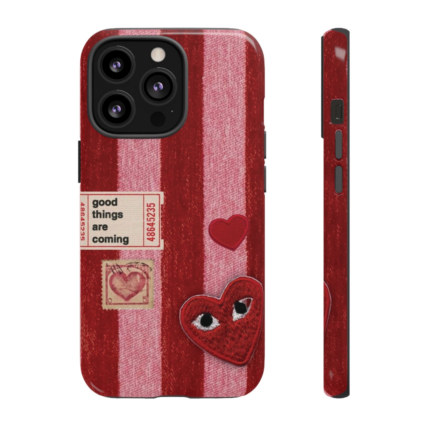 Phone Case — Red Striped Heart Design with “Good Things Are Coming”