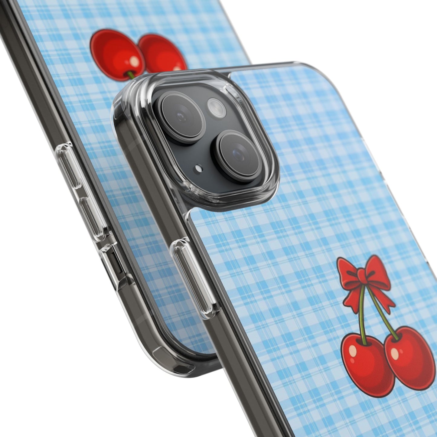 Clear Cherry Gingham Phone Case — Impact-Resistant Clear Case with Red Cherry Design