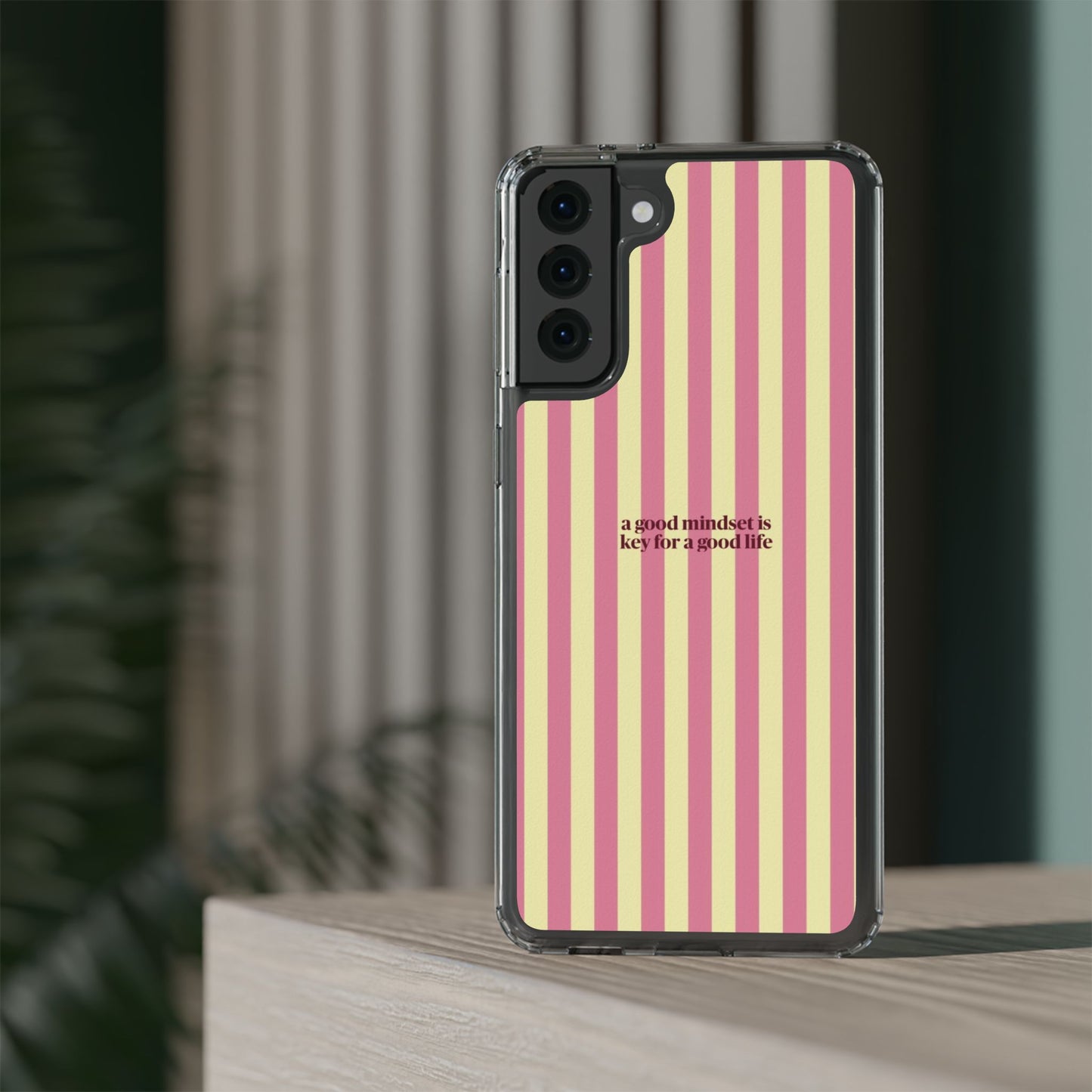Striped Clear Phone Case — "A Good Mindset Is Key for a Good Life" Motivational iPhone Case
