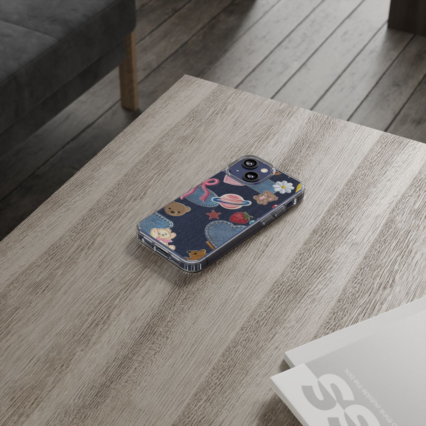 Clear Impact-Resistant Phone Case — Cute Denim Patch Collage (Teddy, Strawberry, Planet)