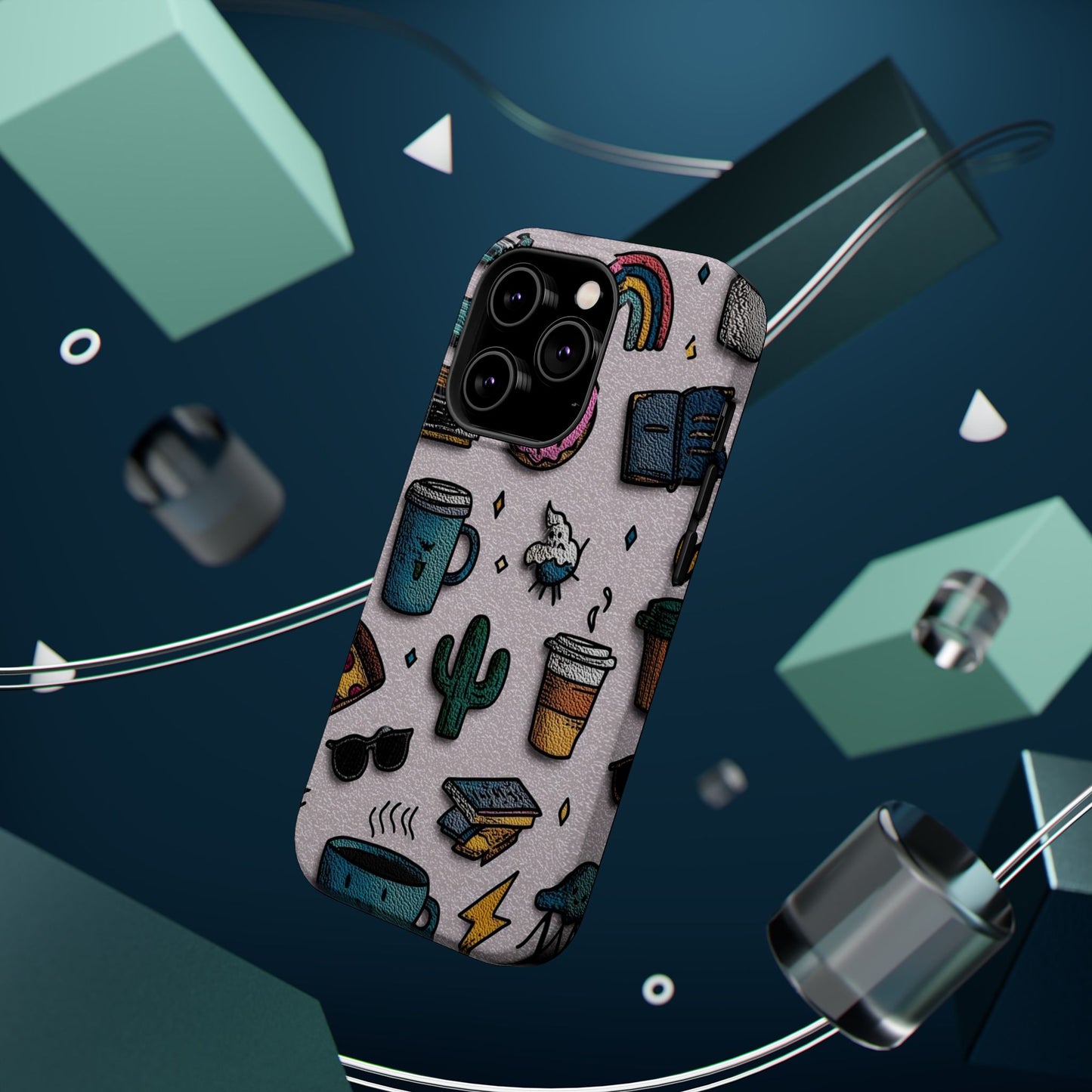 Cute Doodle Phone Case — Magnetic Impact-Resistant Design (coffee, rainbow, cactus)
