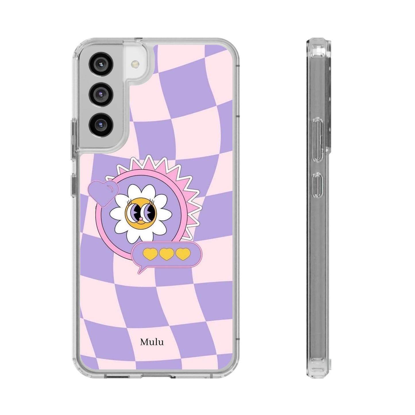 Clear Impact-Resistant Case — Cute Purple Checkerboard Dino with 'Mulu'