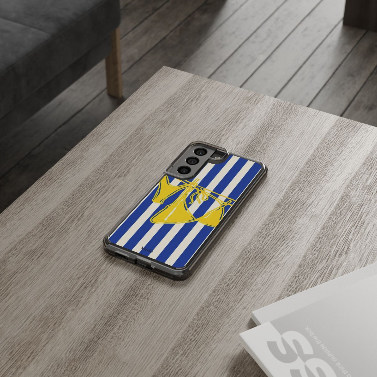 Striped Beach Bikini Phone Case — Yellow Swimwear on Blue & White Stripes, Clear Impact-Resistant