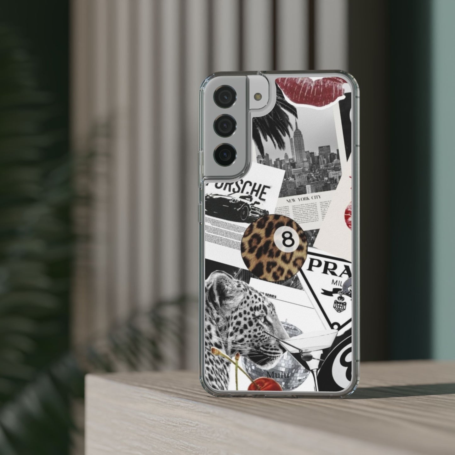 Clear Impact-Resistant Phone Case — Collage Luxury Leopard & Vintage Car Design