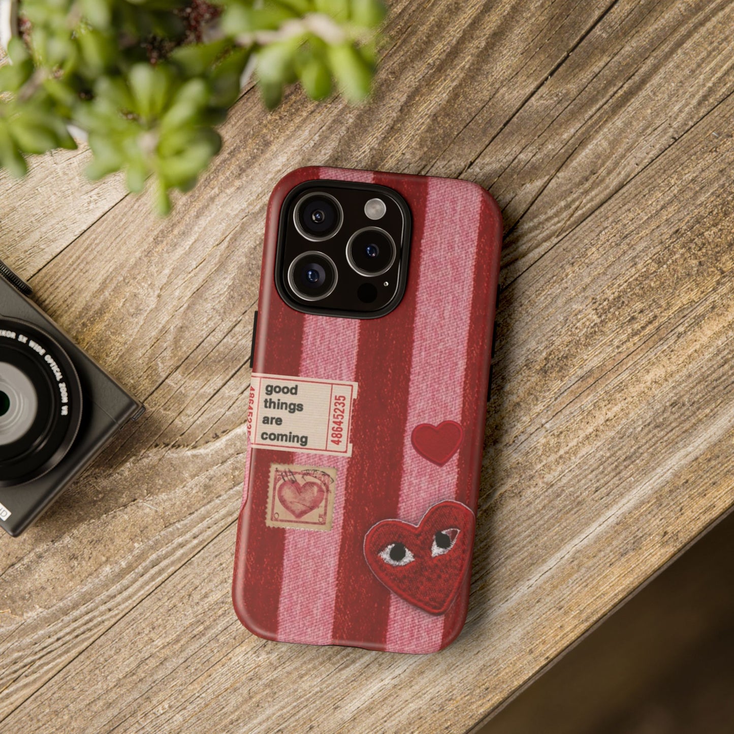 Phone Case — Red Striped Heart Design with “Good Things Are Coming”