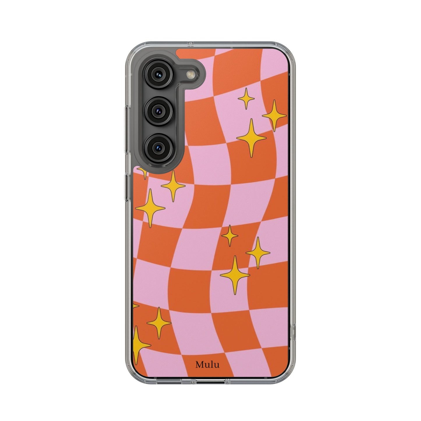 Clear Impact-Resistant Case — Retro Pink & Orange Checker with Sparkle Stars