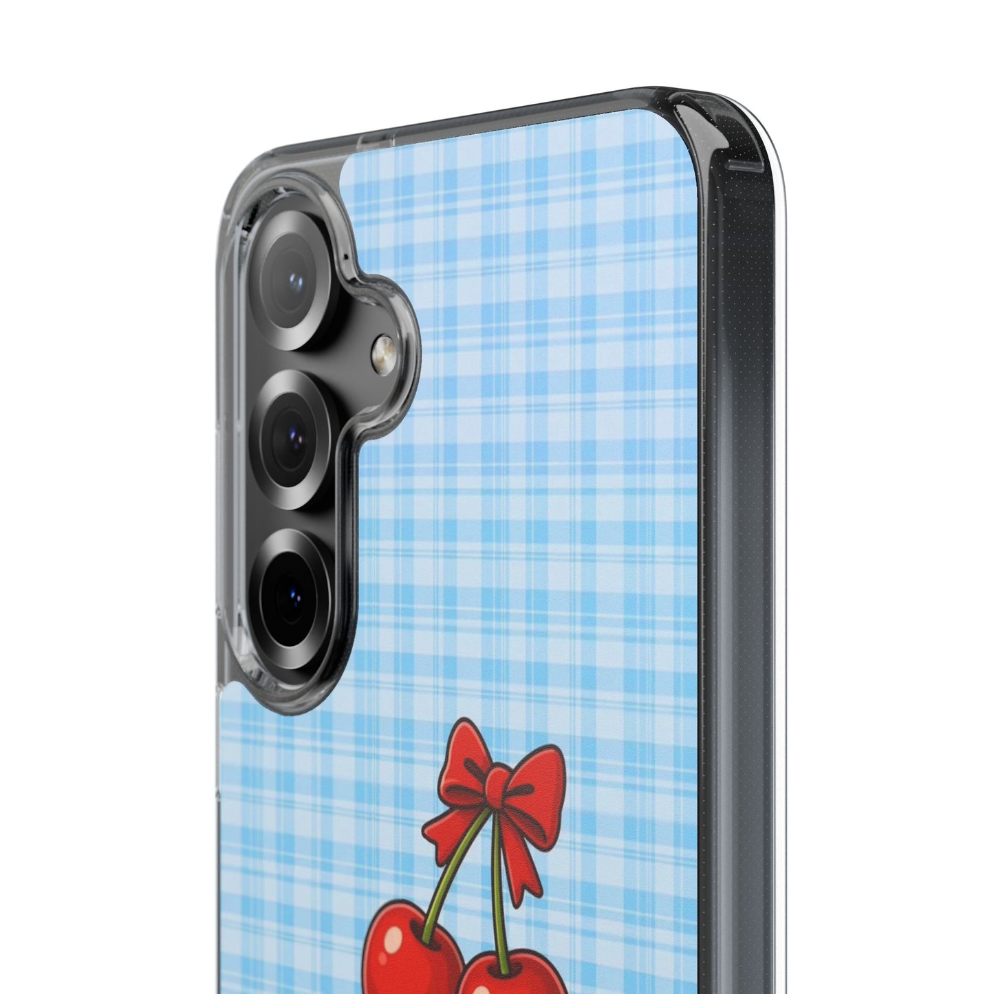 Clear Cherry Gingham Phone Case — Impact-Resistant Clear Case with Red Cherry Design