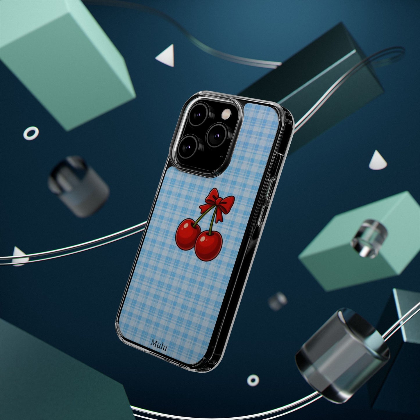 Clear Cherry Gingham Phone Case — Impact-Resistant Clear Case with Red Cherry Design