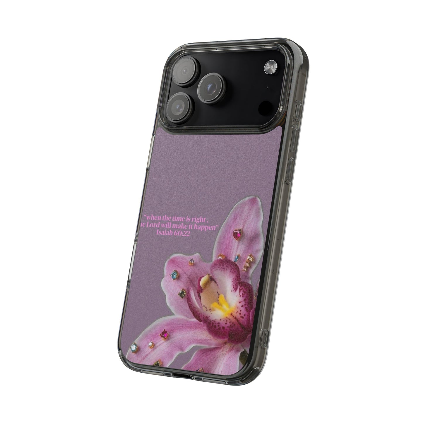 Clear Floral Impact-Resistant Phone Case — "When the time is right" Rose Orchid Design