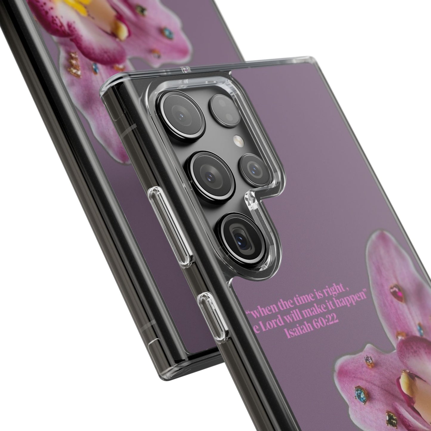 Clear Floral Impact-Resistant Phone Case — "When the time is right" Rose Orchid Design