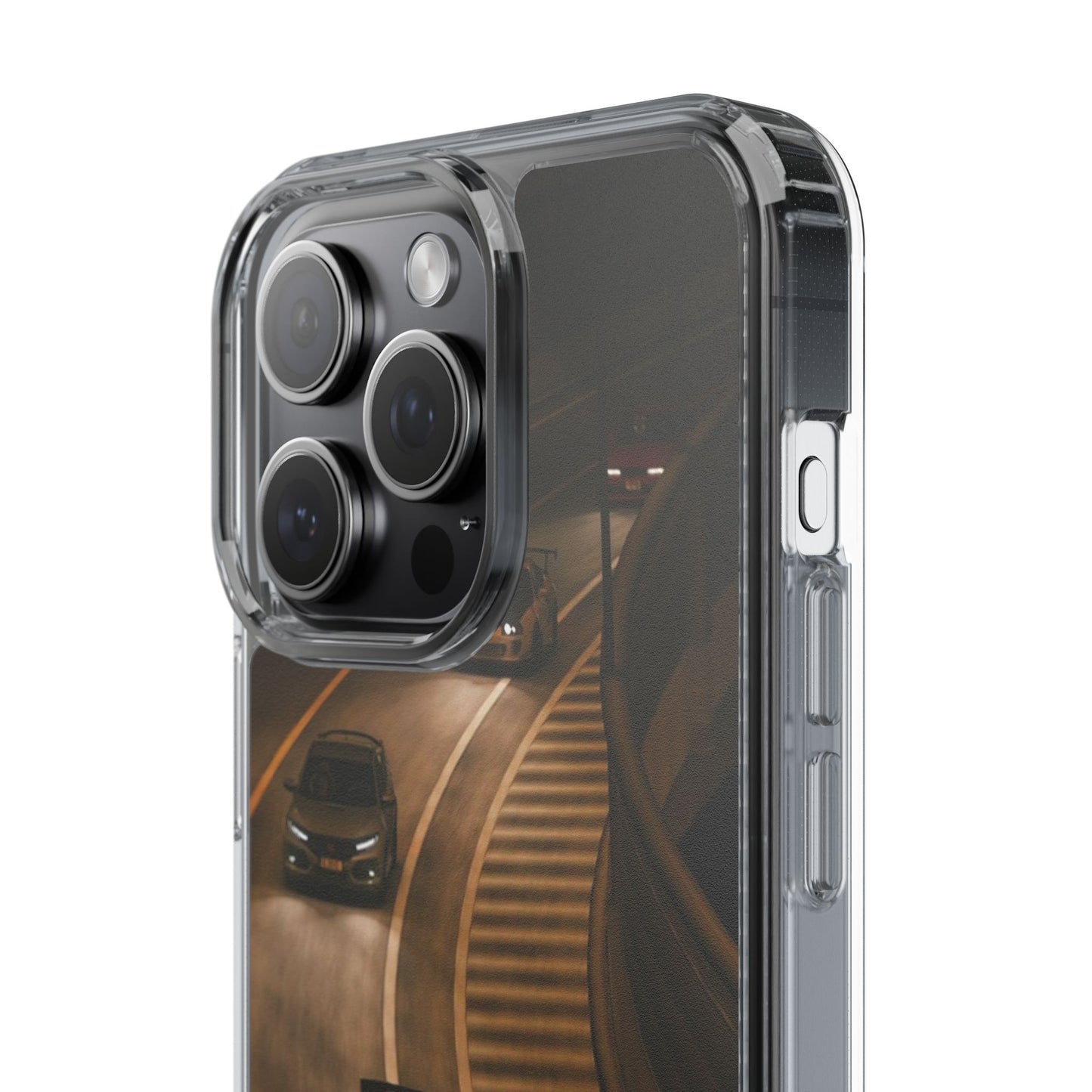 Racing Night Clear Phone Case – Sports Cars on Curved Highway
