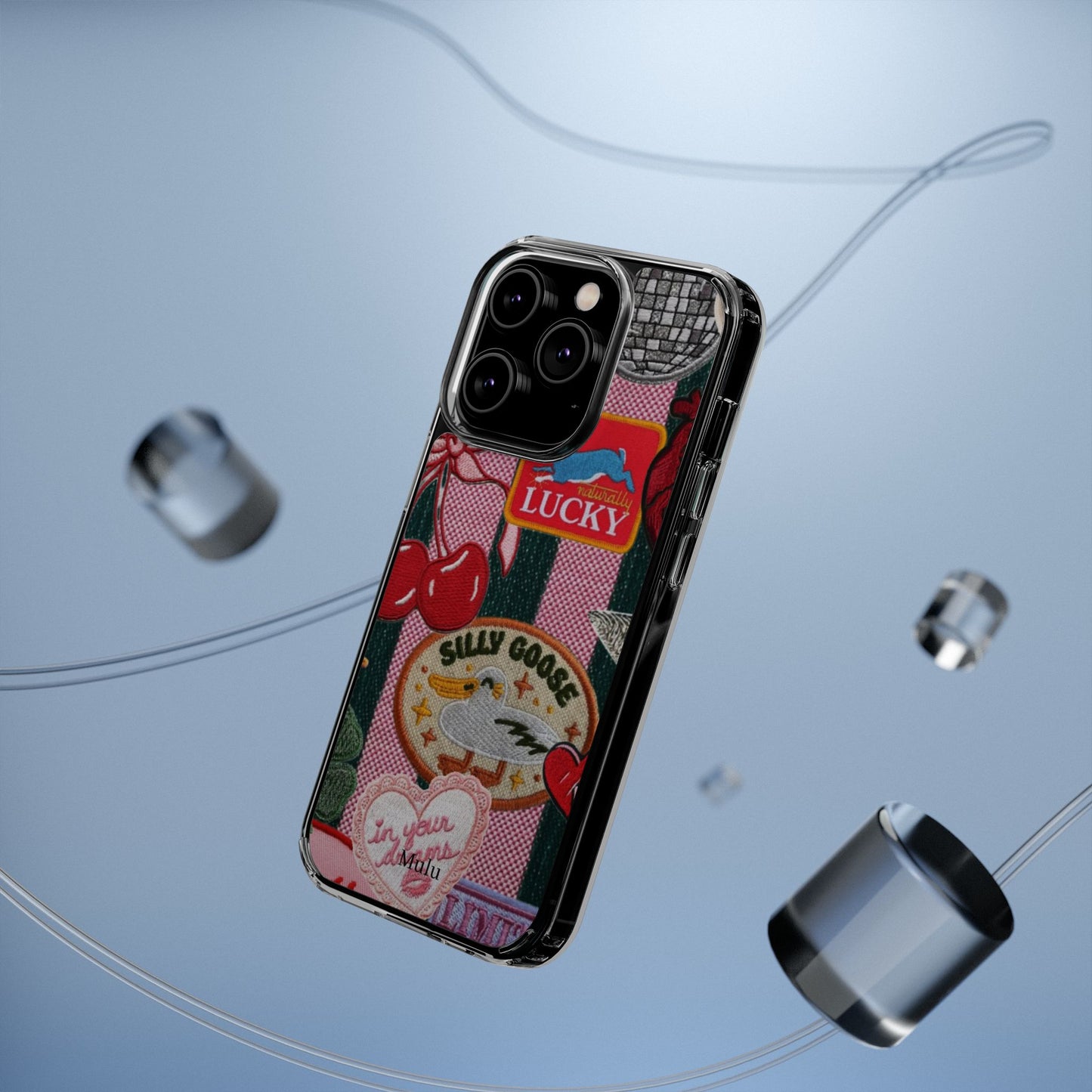 Clear Impact-Resistant Phone Case — Retro Patchwork Stickers (Lucky, Cherries, Silly Goose)