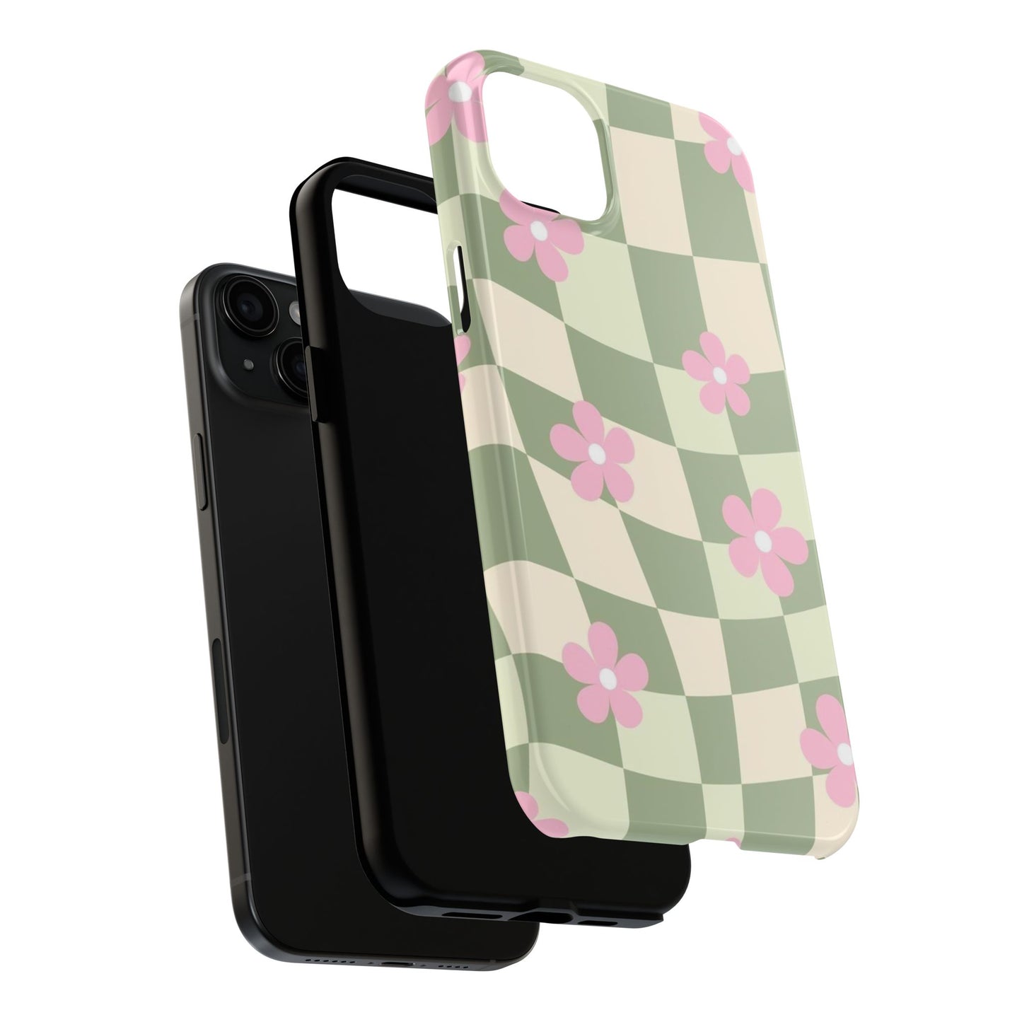 Tough Phone Case — Retro Green Checkerboard with Pink Flowers