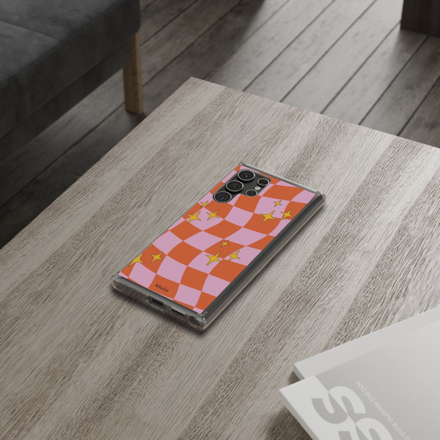 Clear Impact-Resistant Case — Retro Pink & Orange Checker with Sparkle Stars