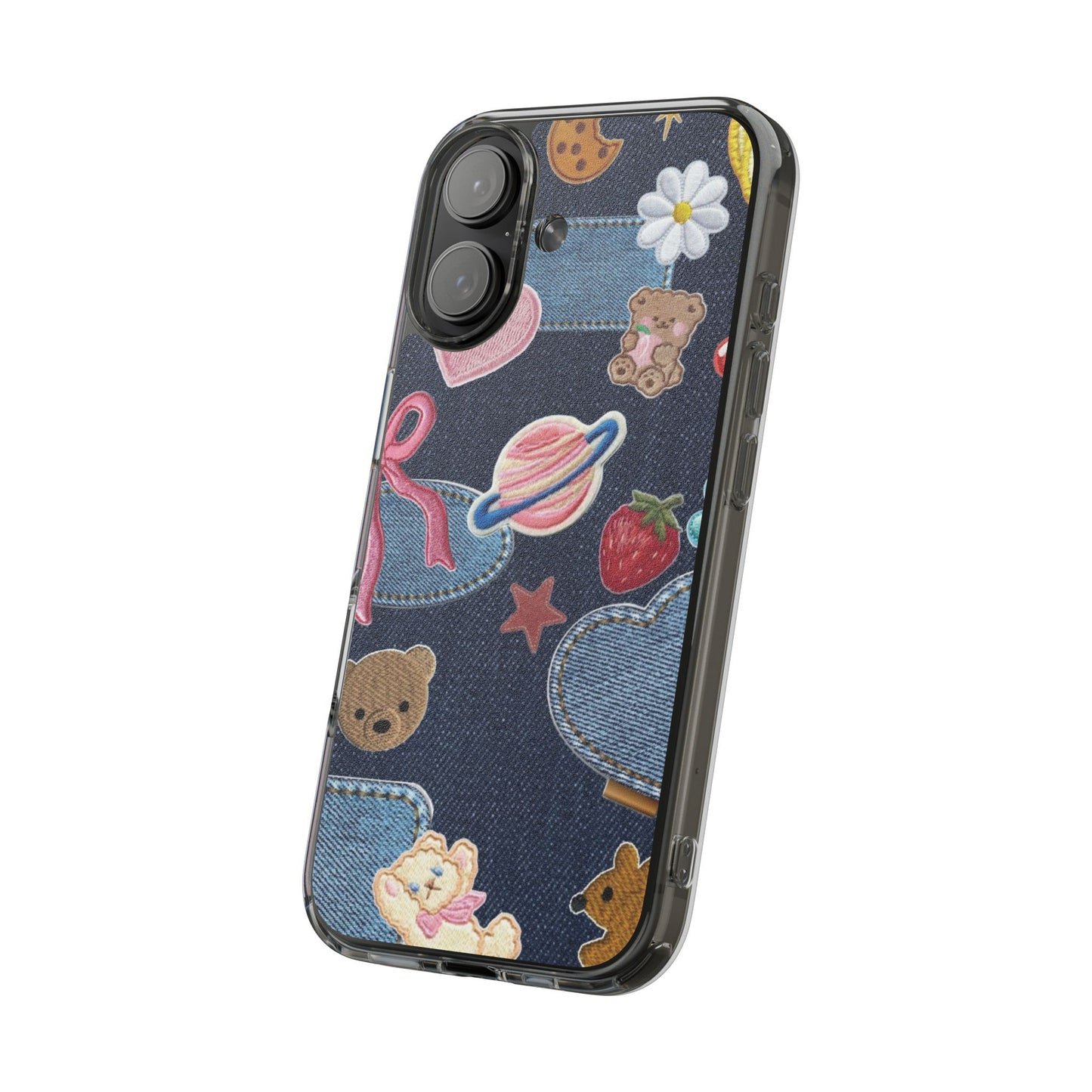 Clear Impact-Resistant Phone Case — Cute Denim Patch Collage (Teddy, Strawberry, Planet)