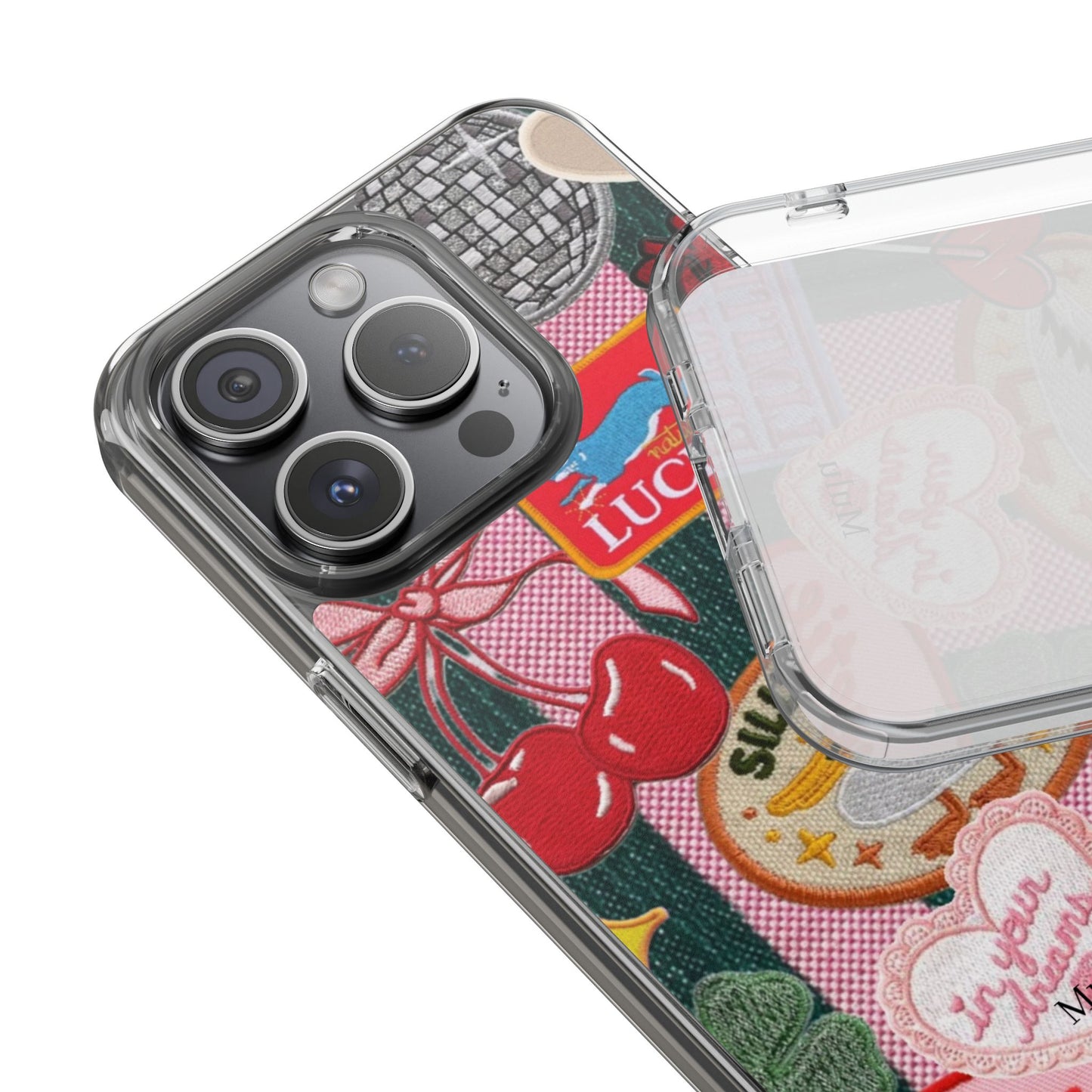 Clear Impact-Resistant Phone Case — Retro Patchwork Stickers (Lucky, Cherries, Silly Goose)