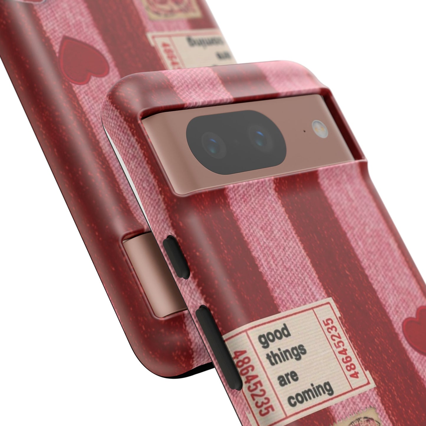 Phone Case — Red Striped Heart Design with “Good Things Are Coming”