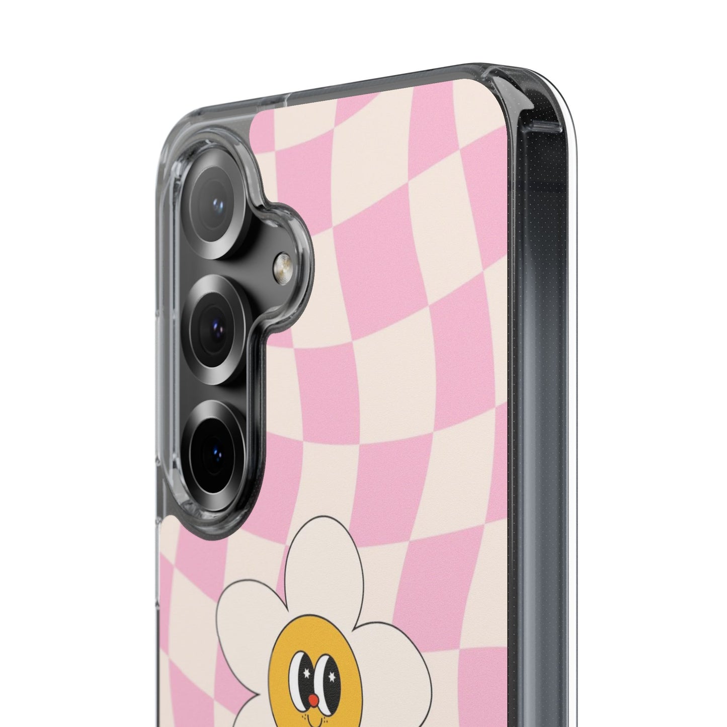 Clear Impact-Resistant Phone Case — Pink Checkerboard Daisy Design
